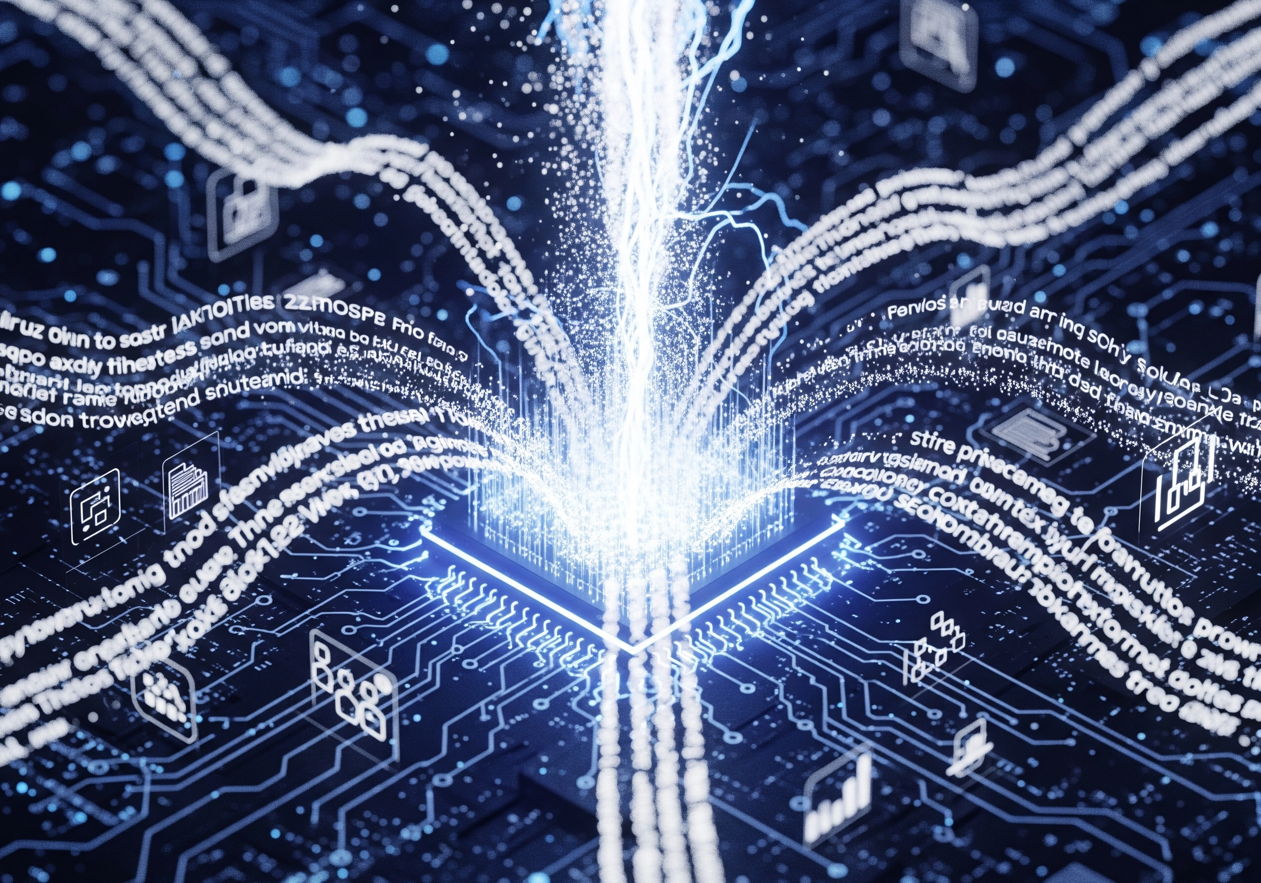 Abstract AI chip with glowing data streams, symbolizing AI content creation.