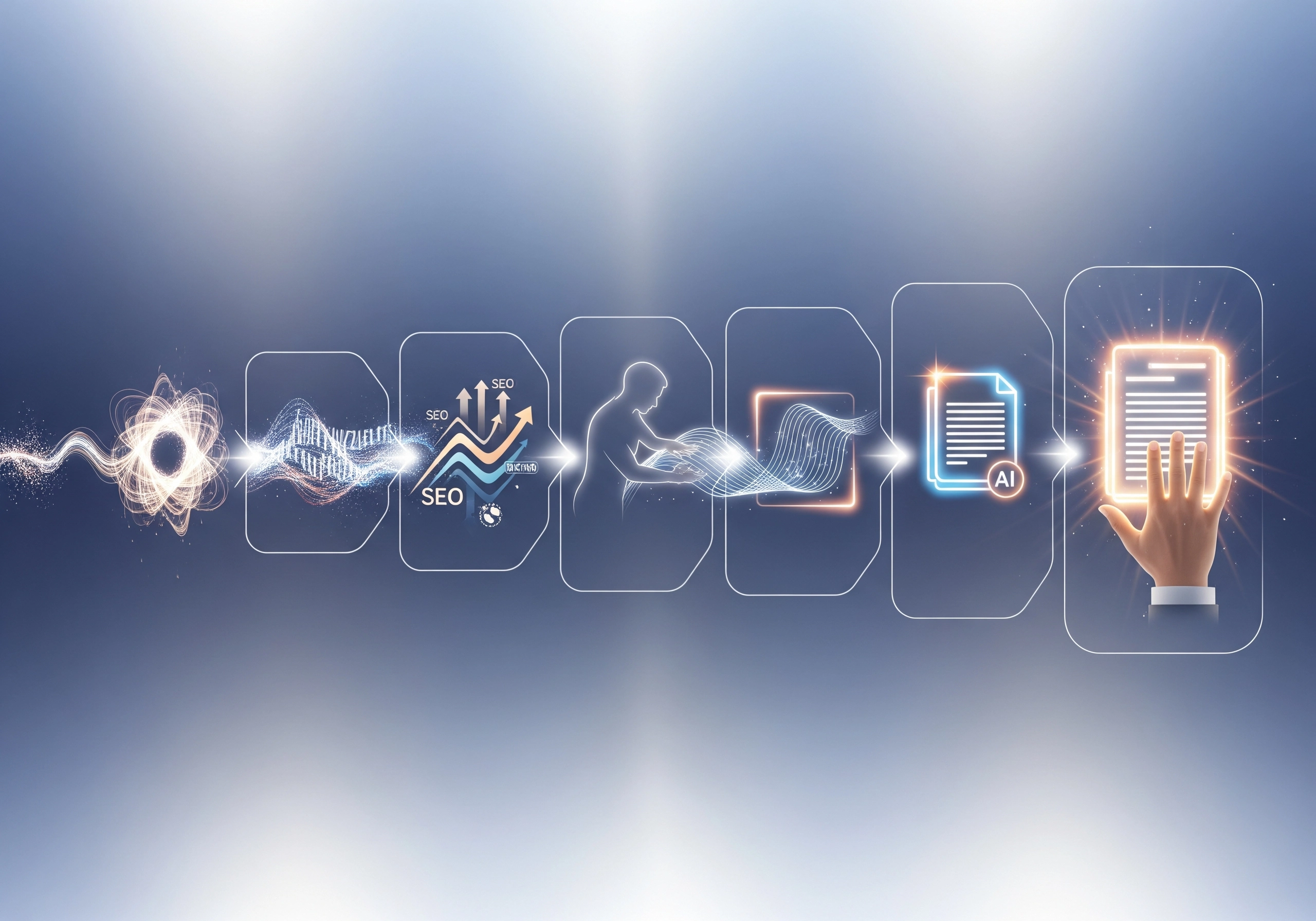 AI writer SEO process illustration: data to AI content creation to optimized file.