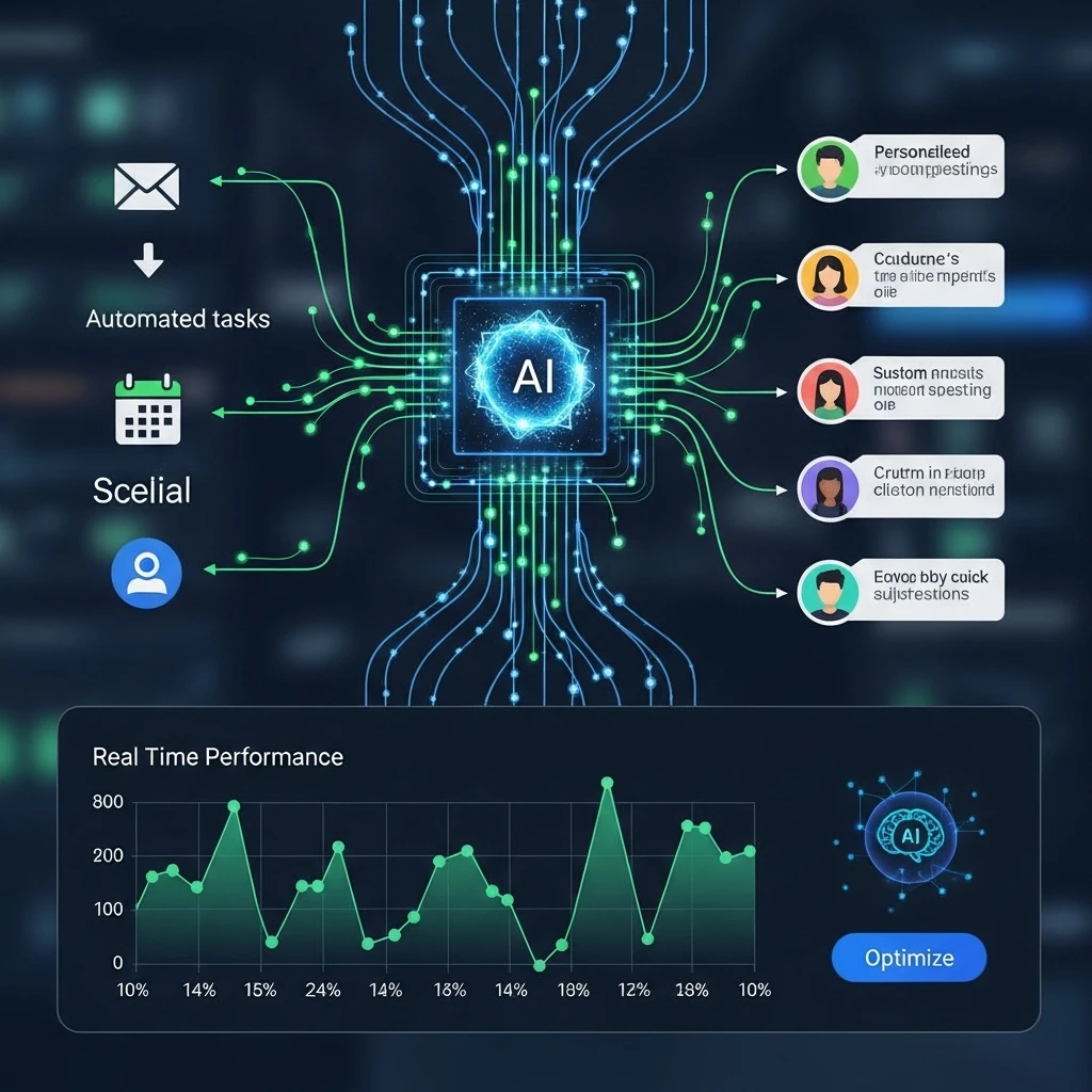 AI SEO software interface showing automated tasks, real time performance graph and optimization button.