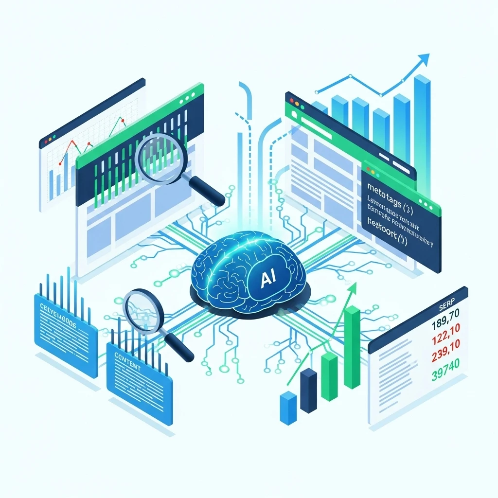 AI brain connected to SEO dashboards showing content, SERP data, and meta tags.