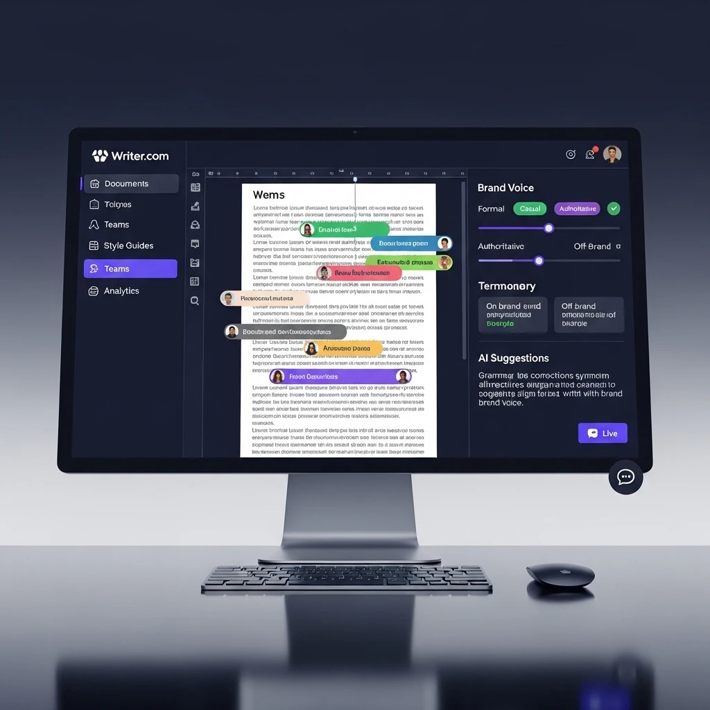 AI writing tool interface showing document editing and brand voice options.