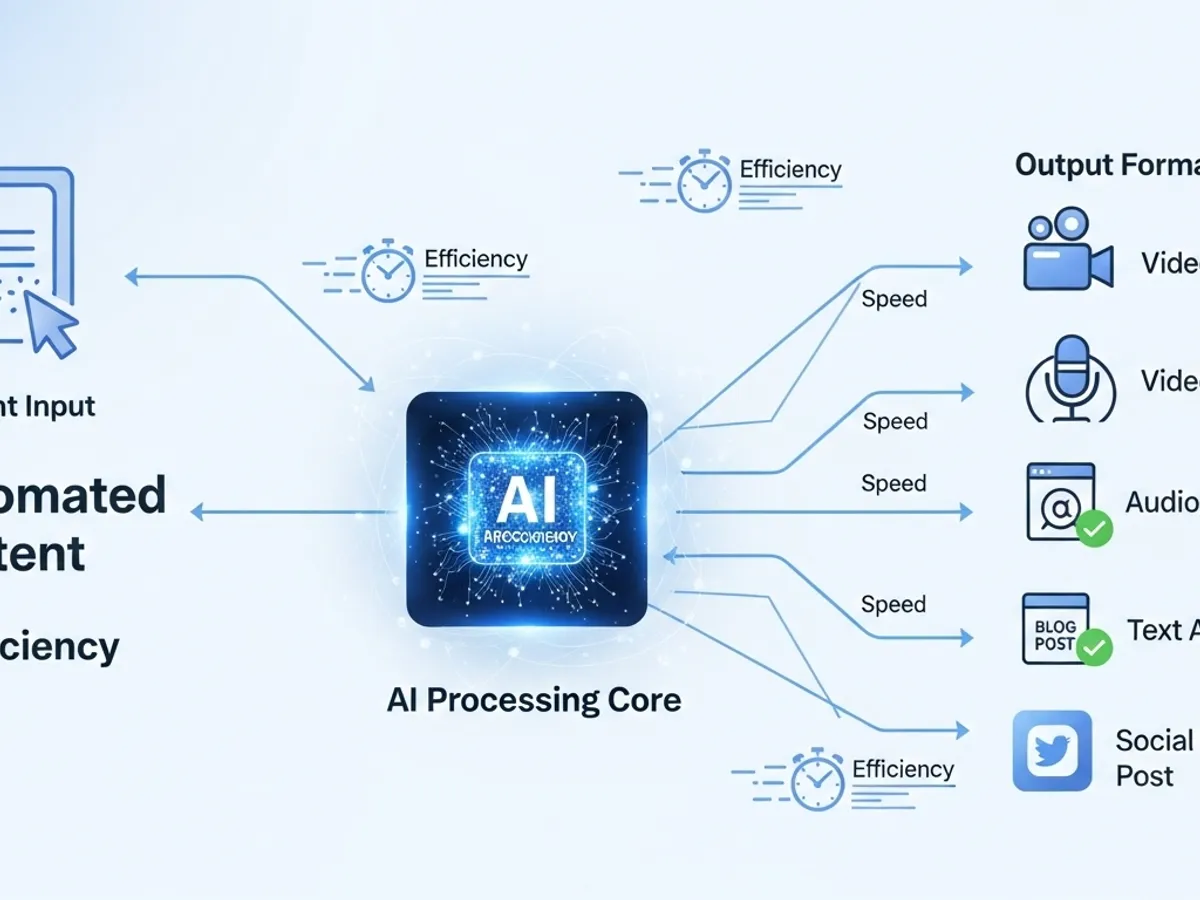 AI processing core diagram showing automated content efficiency and output formats for video, audio, text, social media.