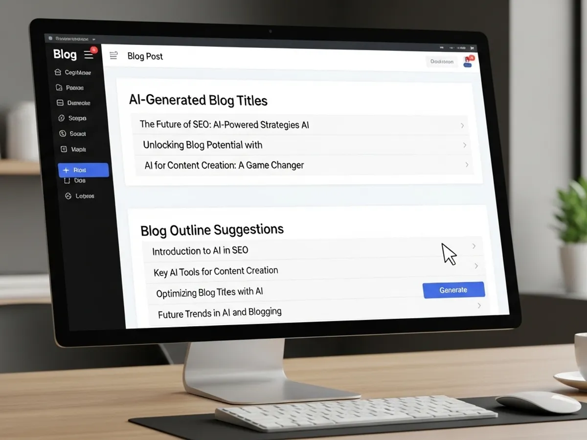 AI blog writer interface on desktop showing blog title and outline suggestions.