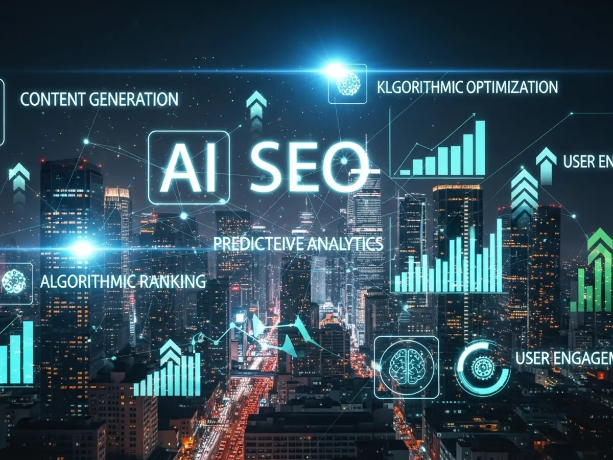 AI SEO software overlay on city skyline, showing content generation and analytics.