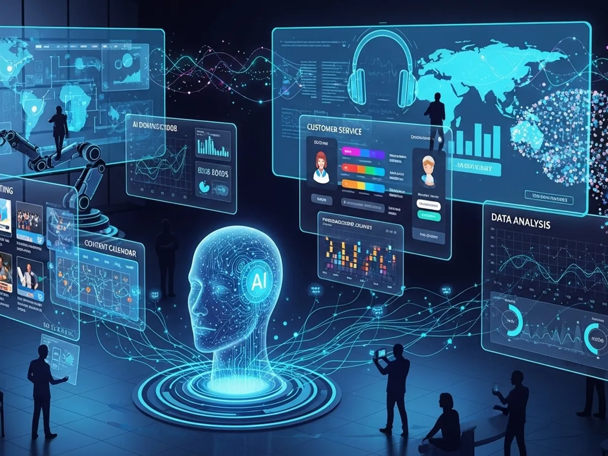 AI head surrounded by data dashboards showing AI SEO content automation tools and digital analytics.