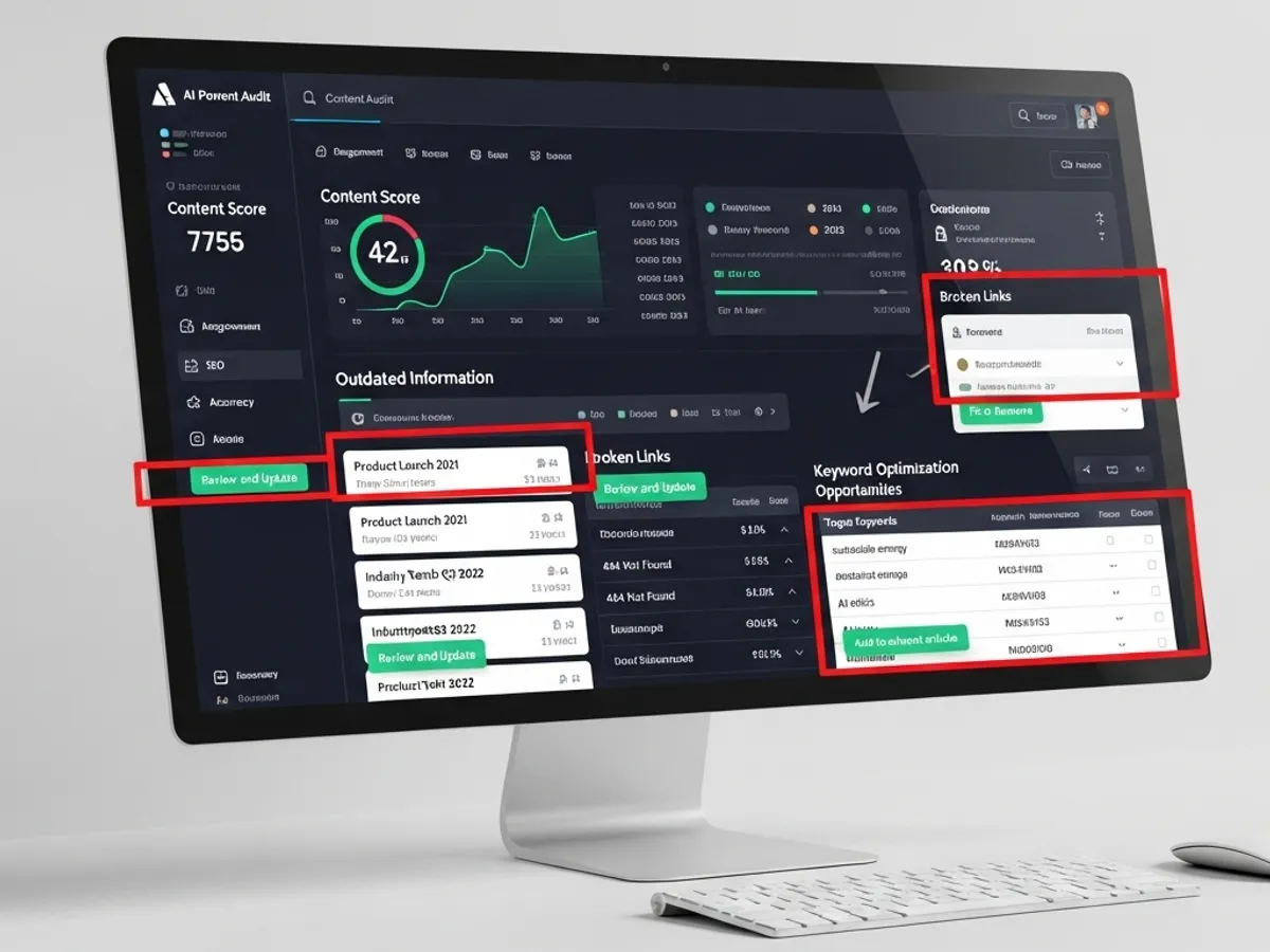 AI SEO tool dashboard showing content score, broken links, & keyword optimization.