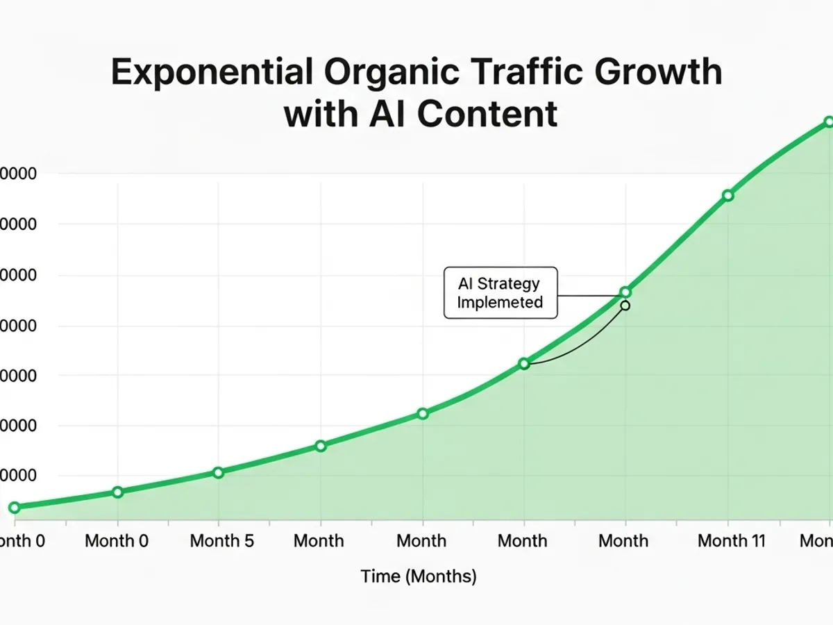 Exponential organic traffic growth chart with AI content strategy implemented.
