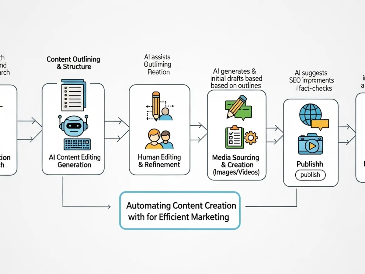 AI content creation workflow: AI content editing, human refinement, media sourcing, publishing.