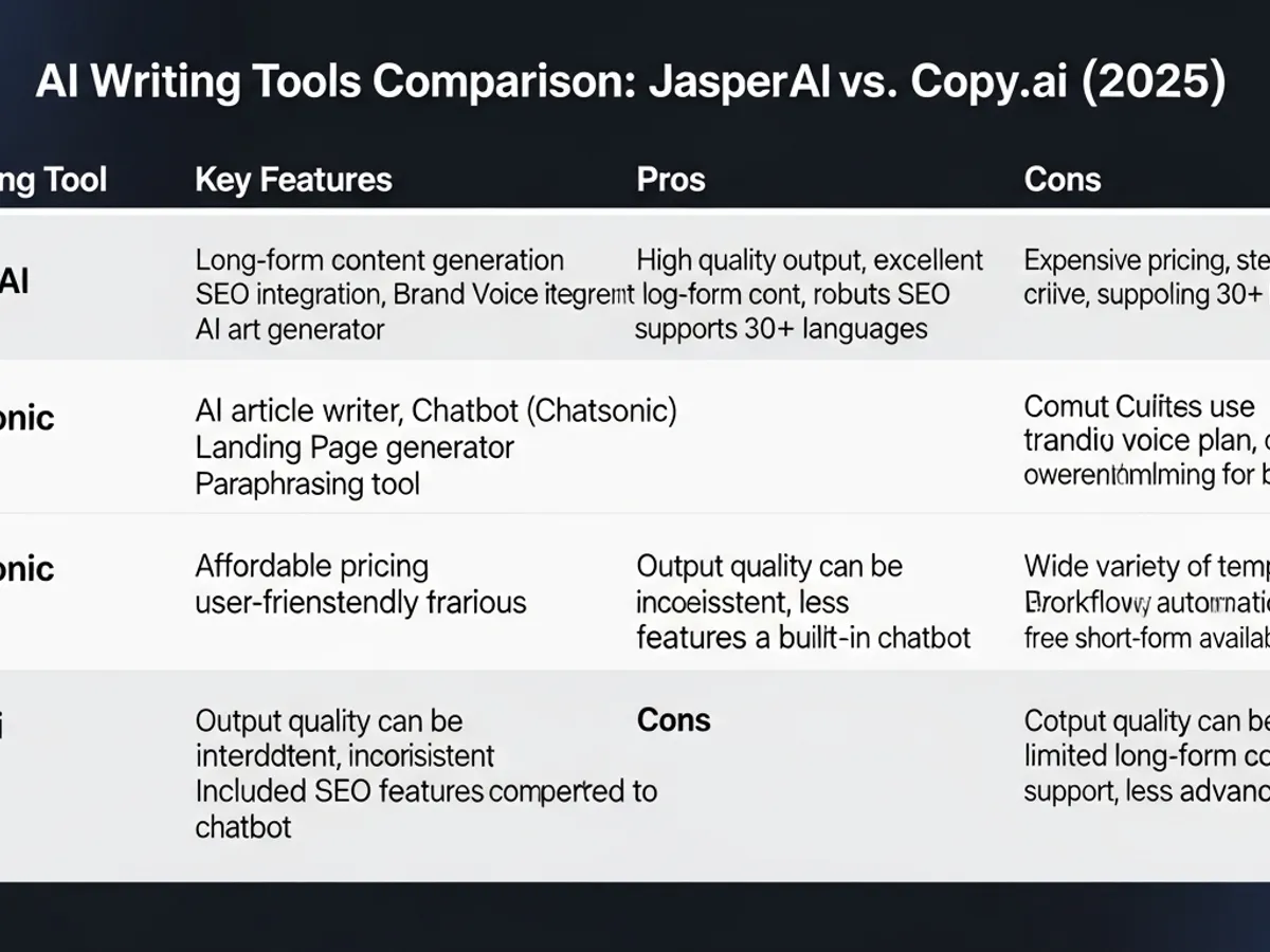 AI writing tools comparison chart showing Jasper AI vs Copy.ai features and pricing.