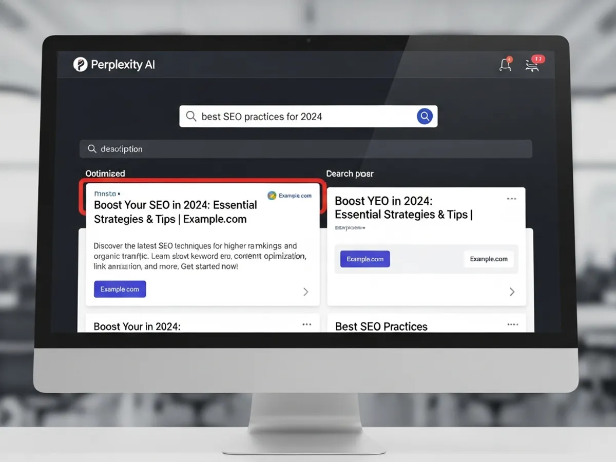 Perplexity AI screen showing 'best SEO practices for 2024' search results.