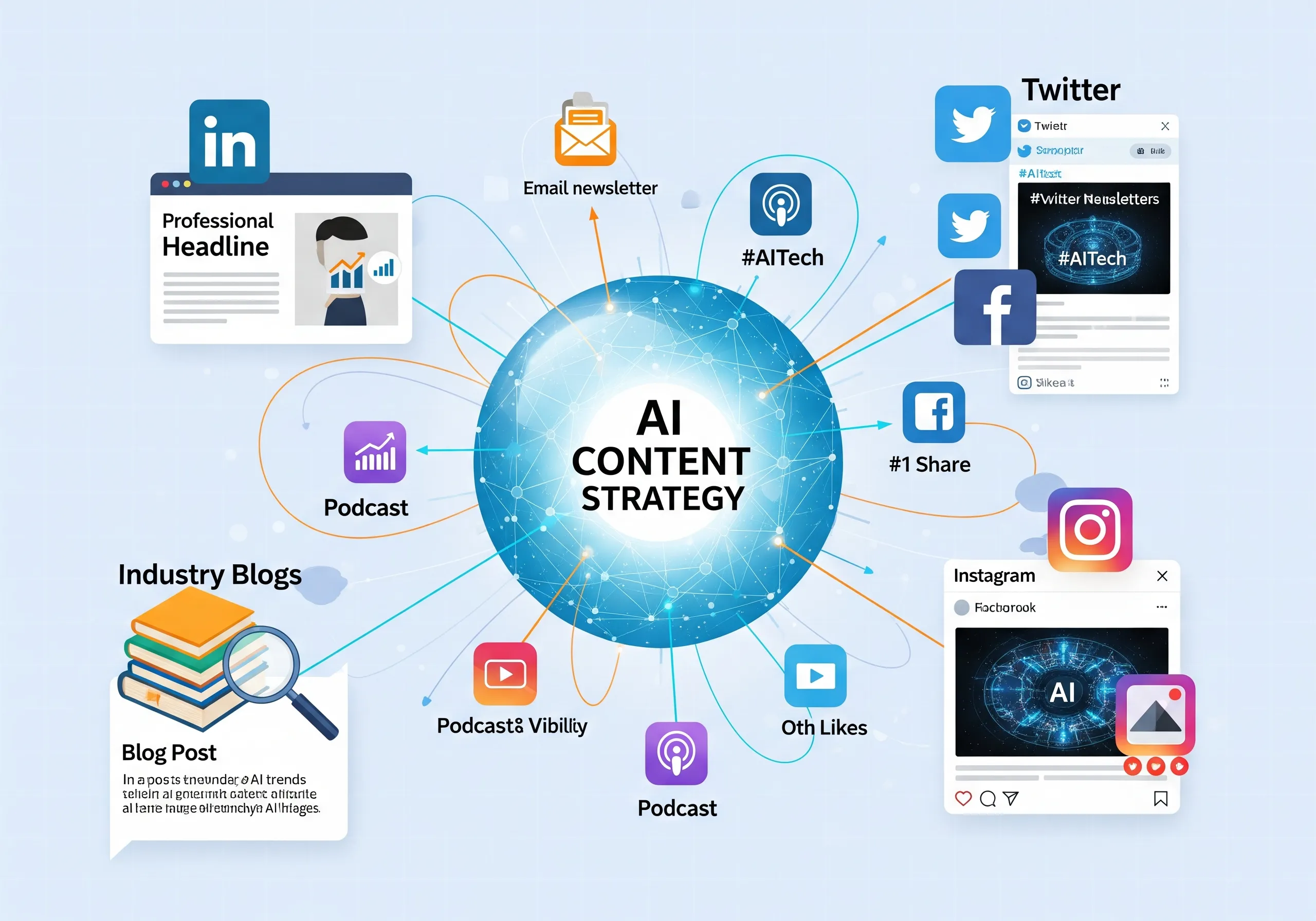 AI content strategy graphic showing podcast, blogs, social media integration.