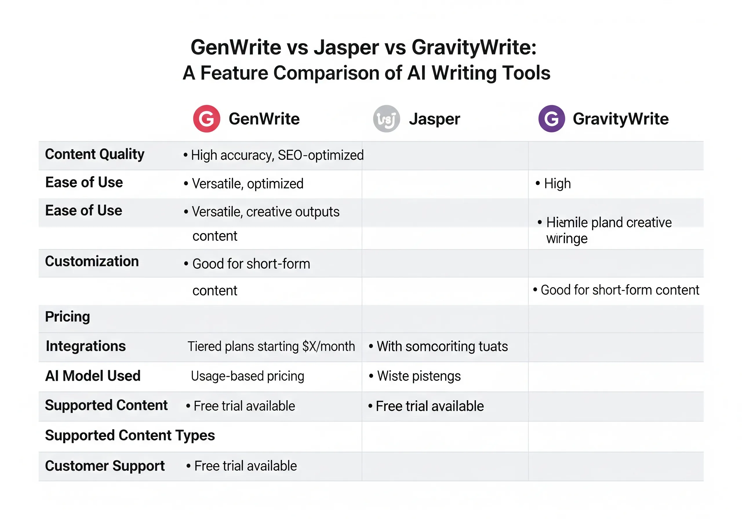 GenWrite vs Jasper vs GravityWrite: A feature comparison of AI writing tools.