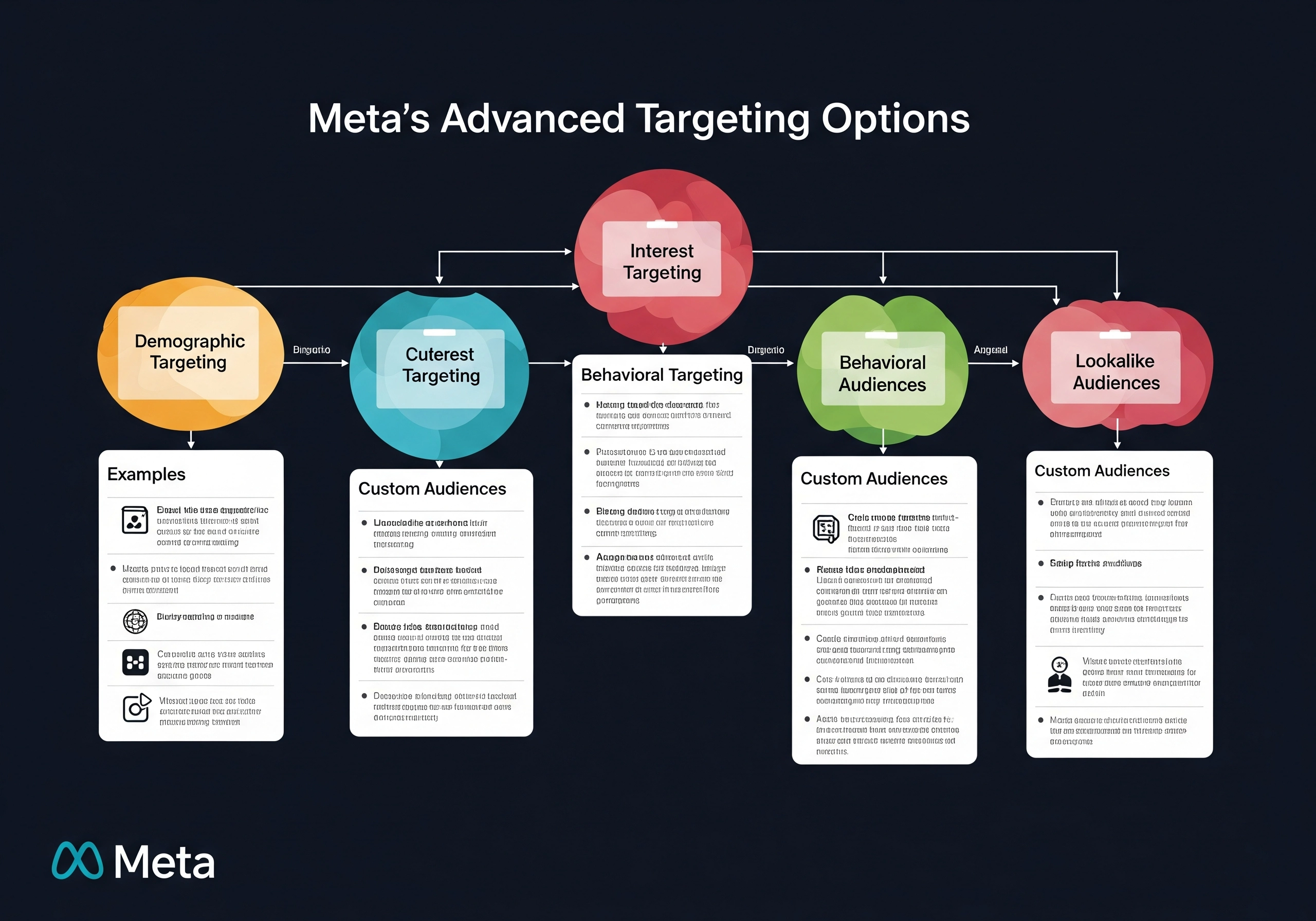Meta's advanced targeting options include interest, behavioral, lookalike audiences.
