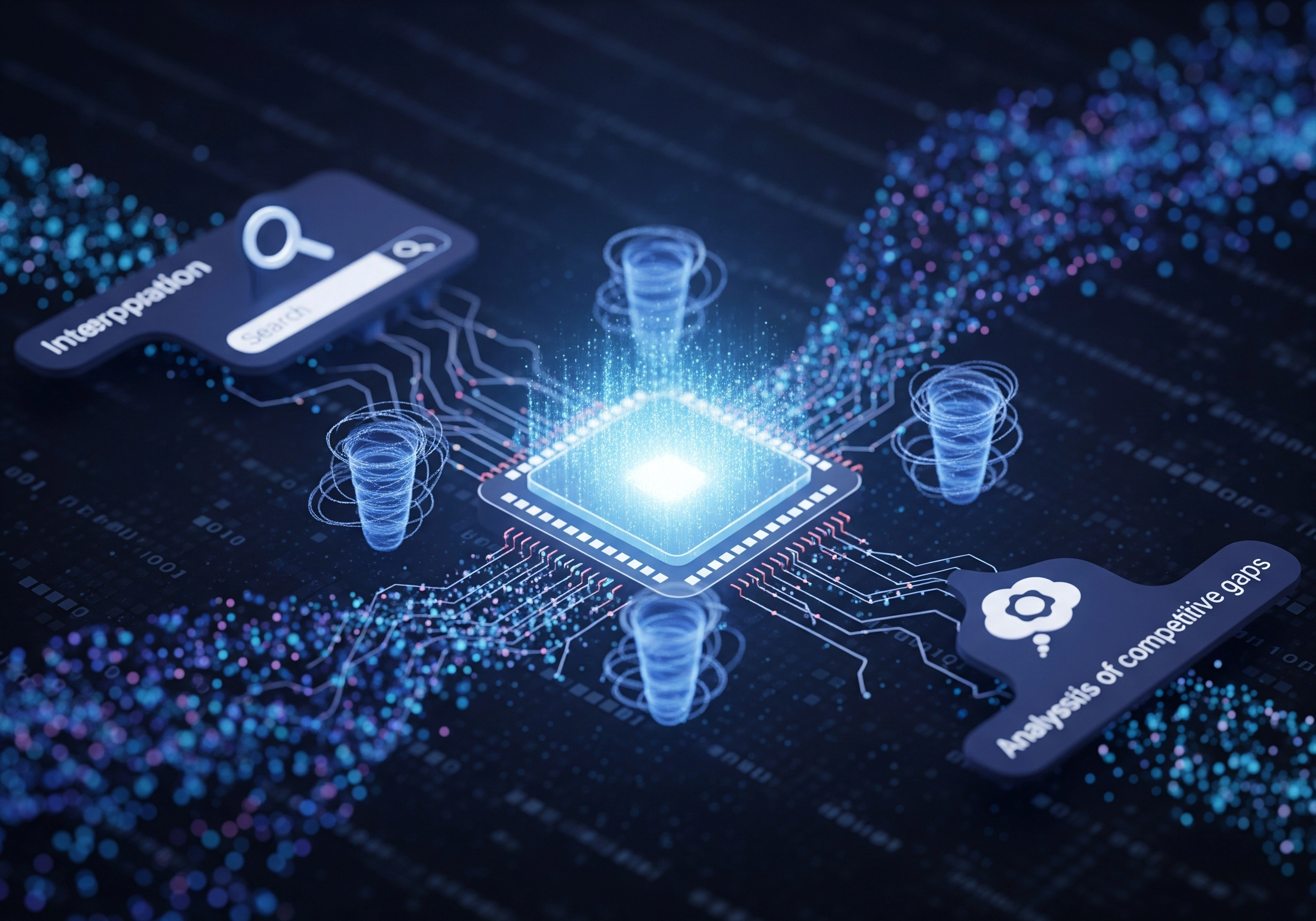 AI SEO tool concept showing competitive gap analysis and search query interpretation.