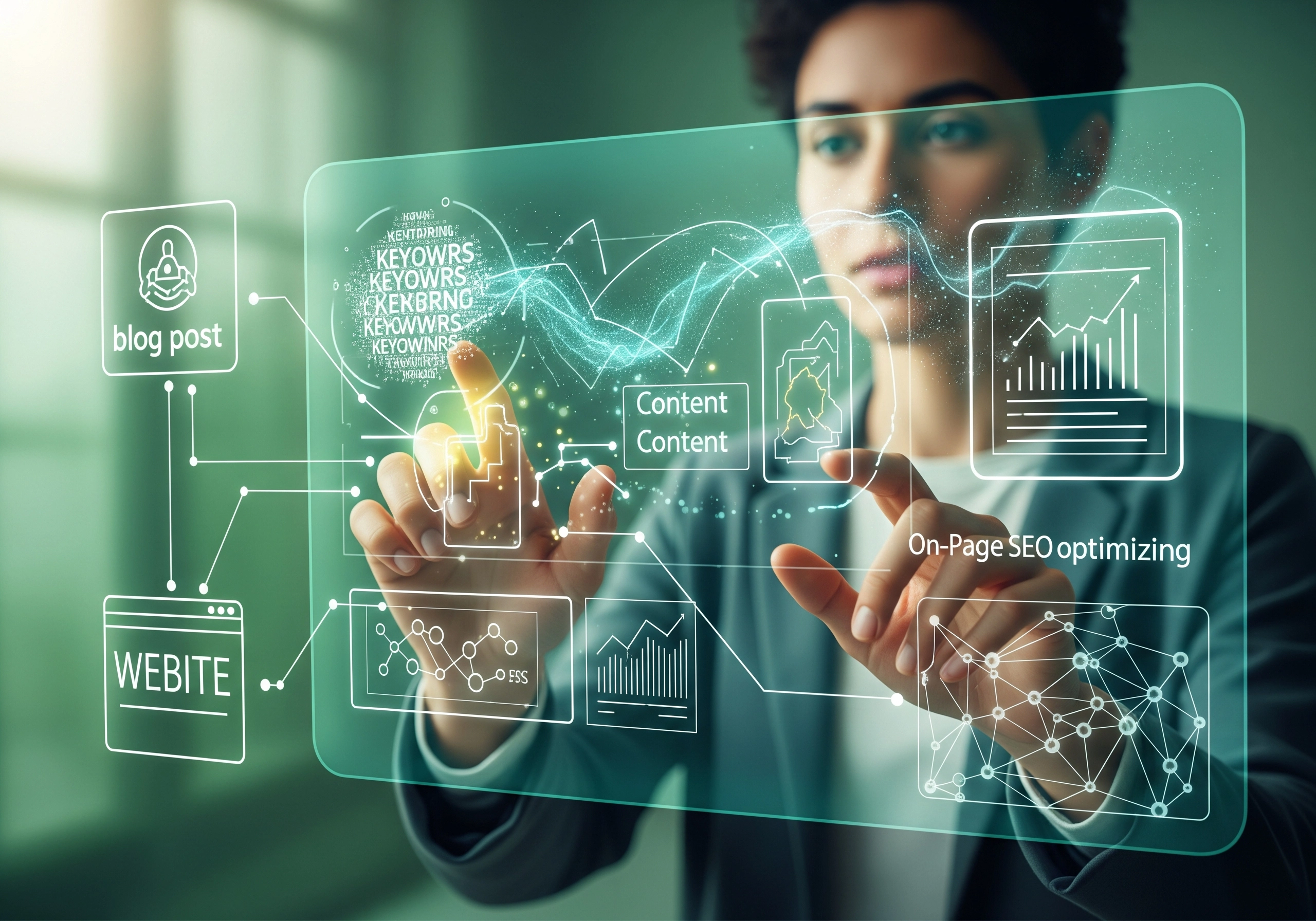 Woman using AI SEO tool on-screen for website content optimization and keyword research.