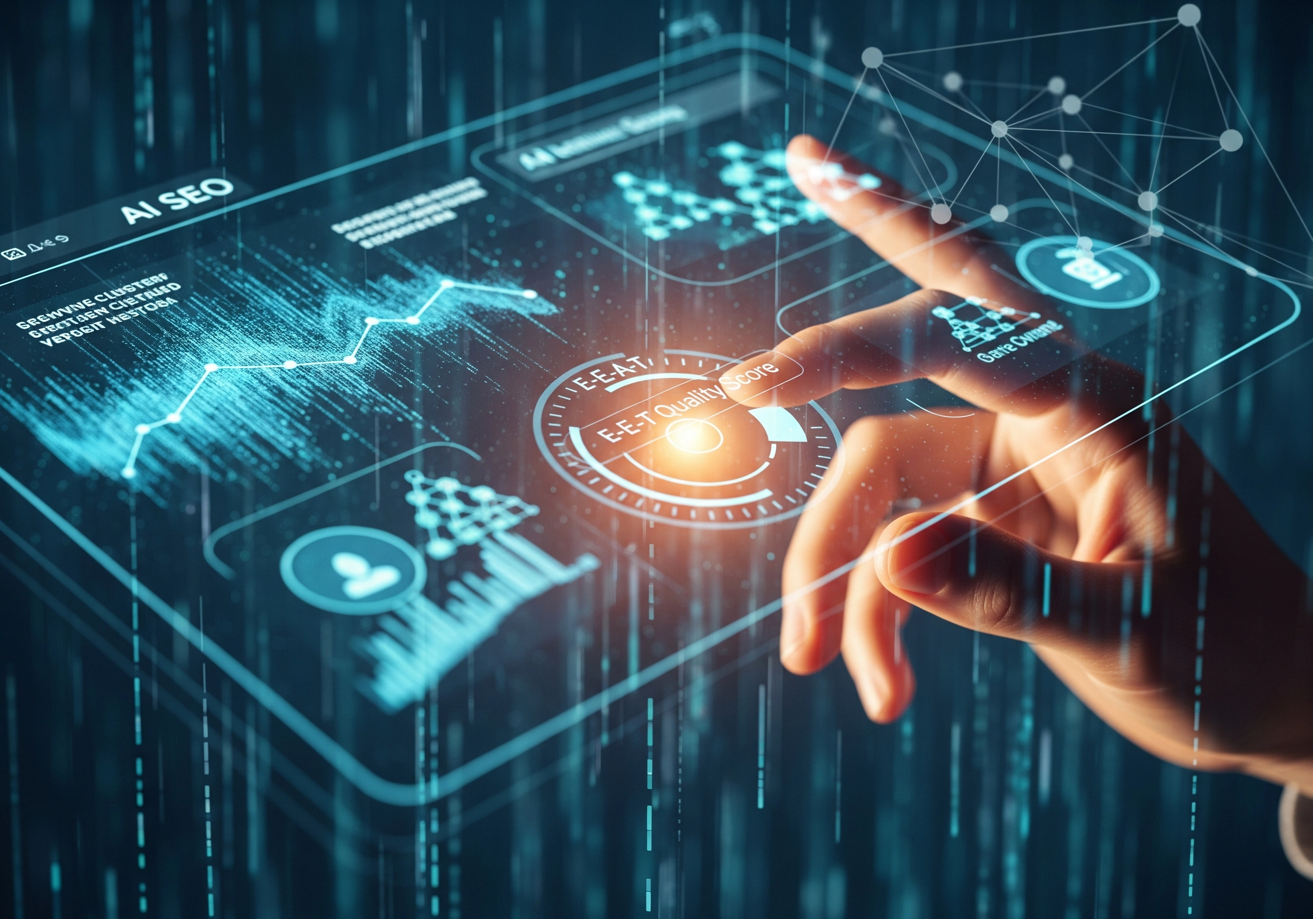 Hand touching AI SEO dashboard showing E-E-A-T quality score and content analysis.
