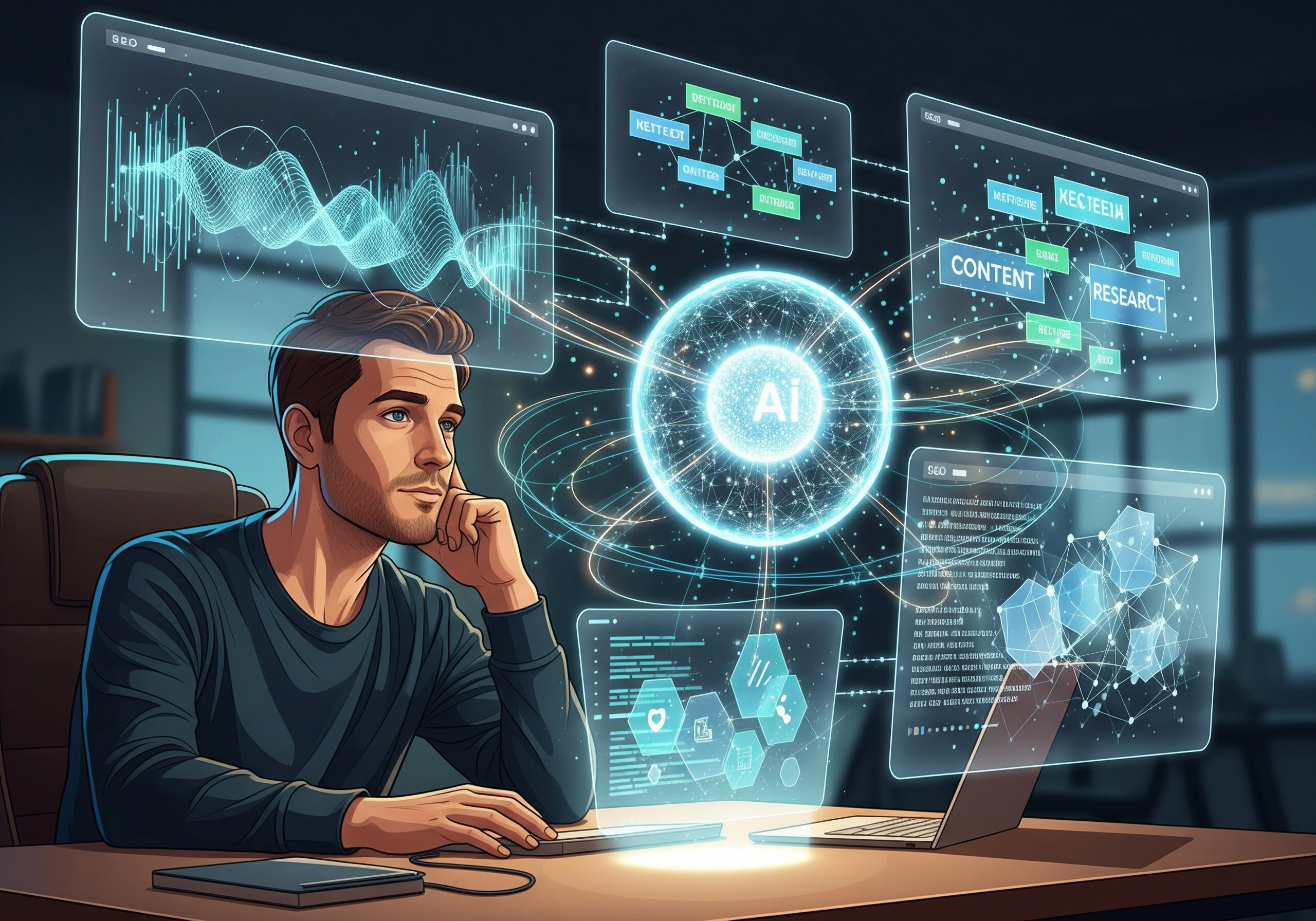 Man using AI SEO automation software on laptop with holographic data displays.