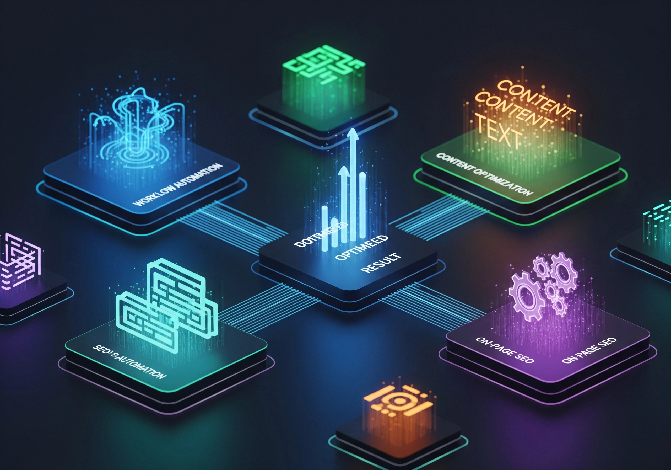 Digital blocks displaying workflow automation, SEO automation, and on-page SEO.