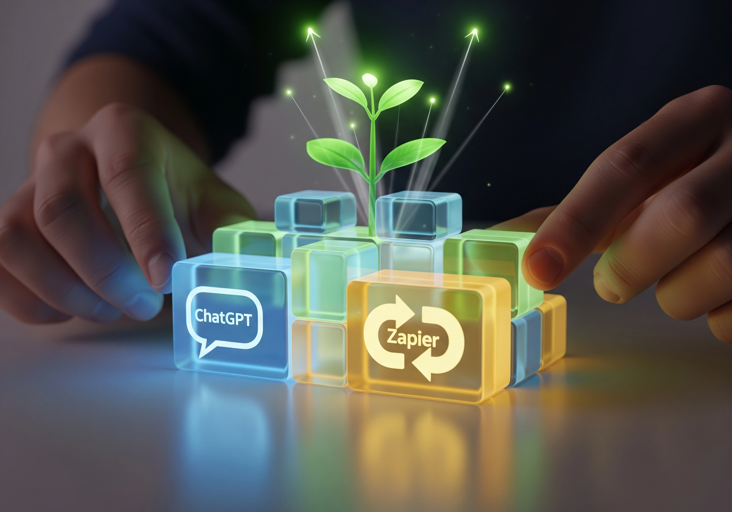 Hands arranging ChatGPT and Zapier blocks with growing sprout above.