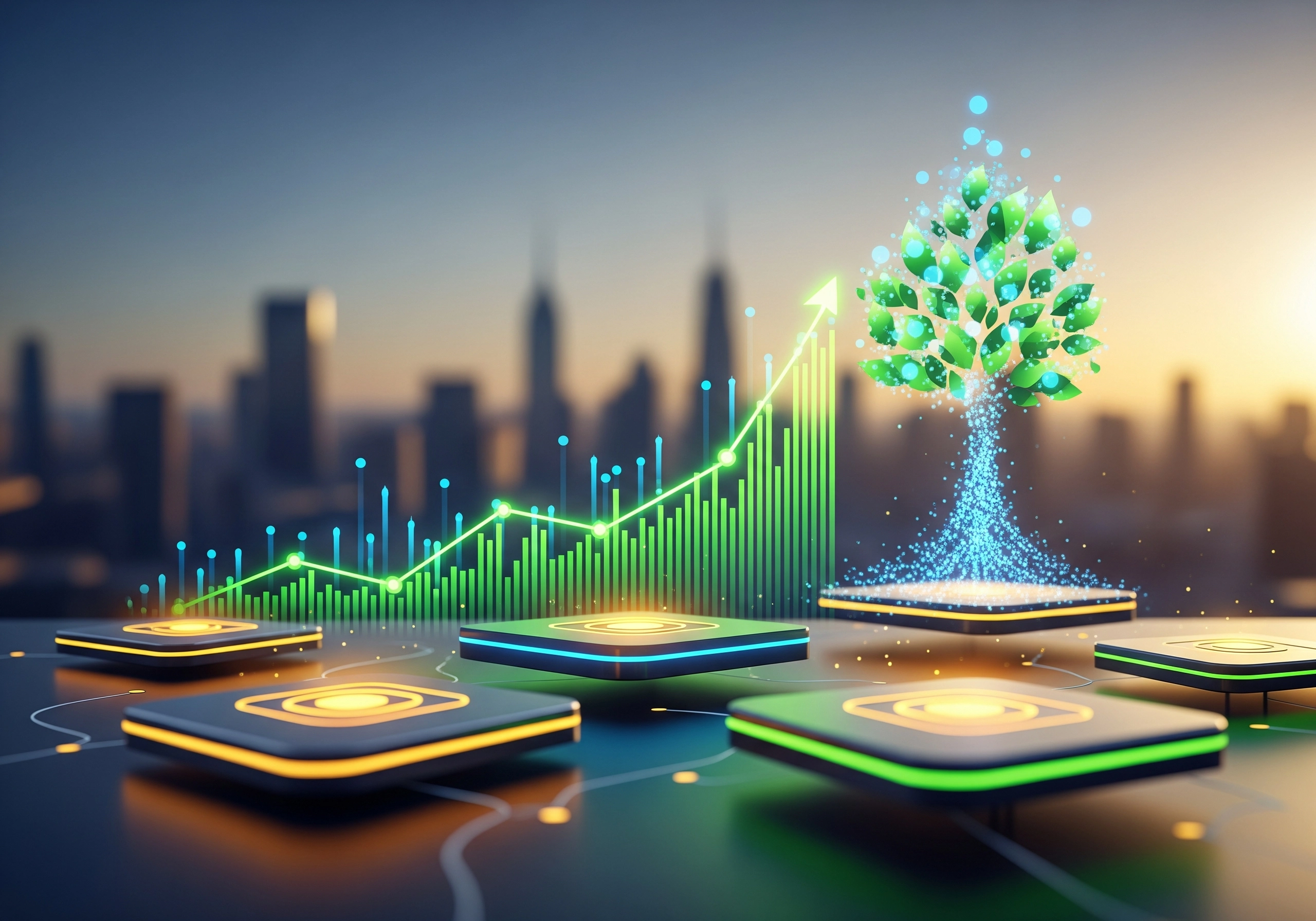 Green growth chart and digital tree, concept for SEO writing AI for websites.