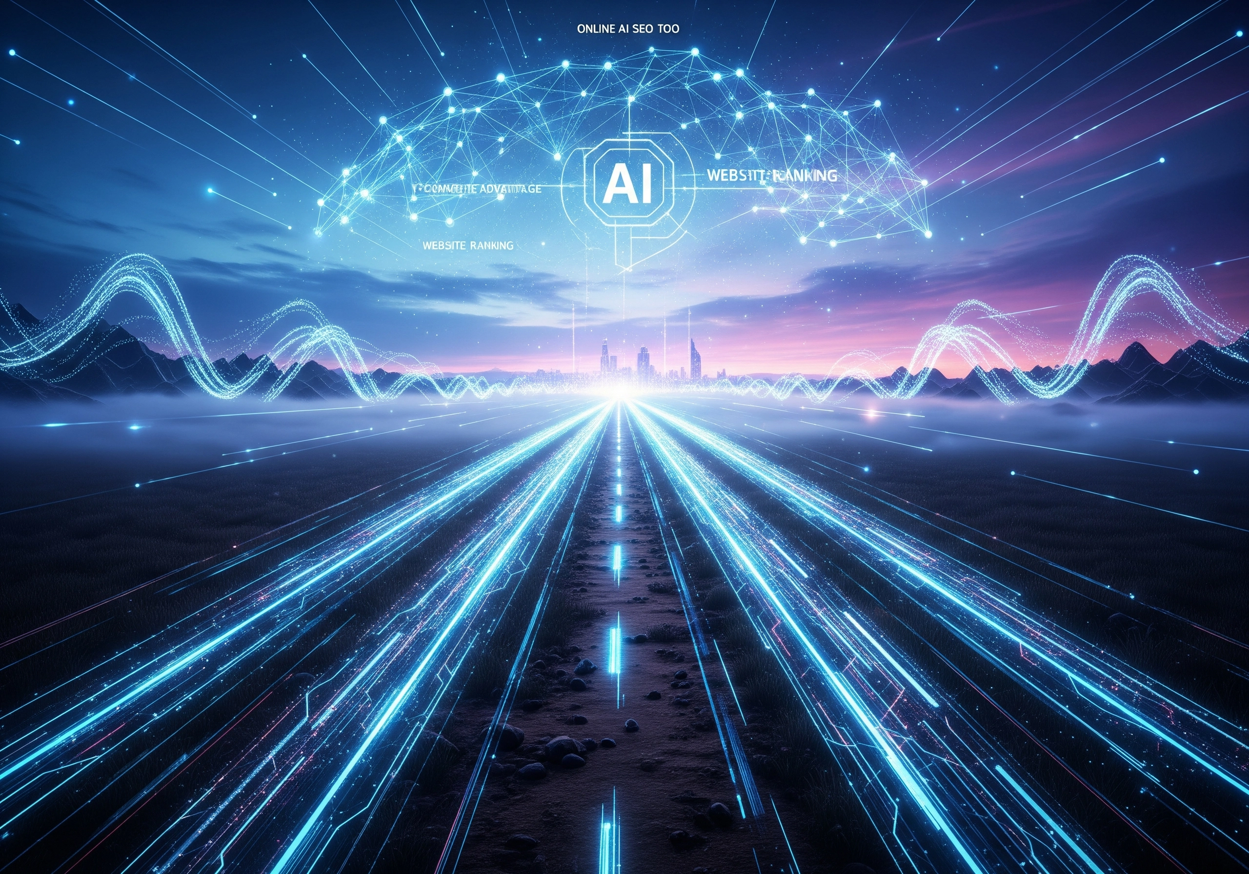 Abstract AI SEO landscape with glowing lines leading to a city skyline.