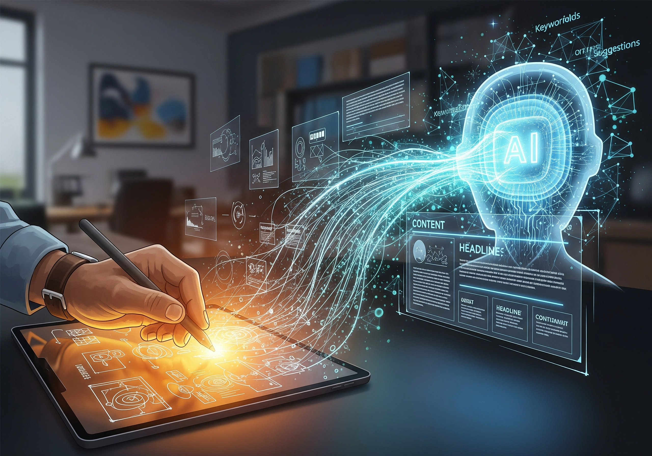 Hand using AI SEO tool on a tablet, generating content and keyword suggestions from an AI head.