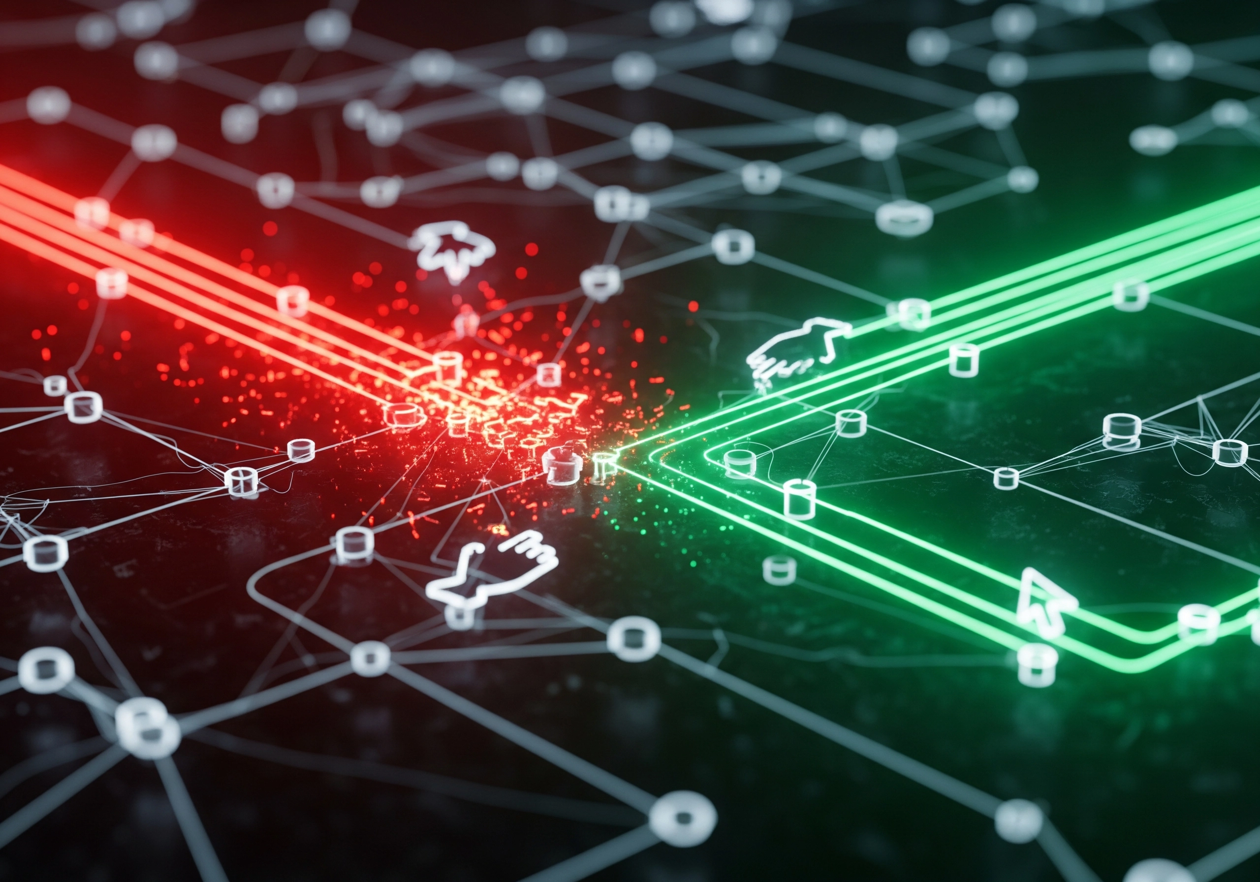 Network of connected nodes with red and green data streams, representing website ranking factors.