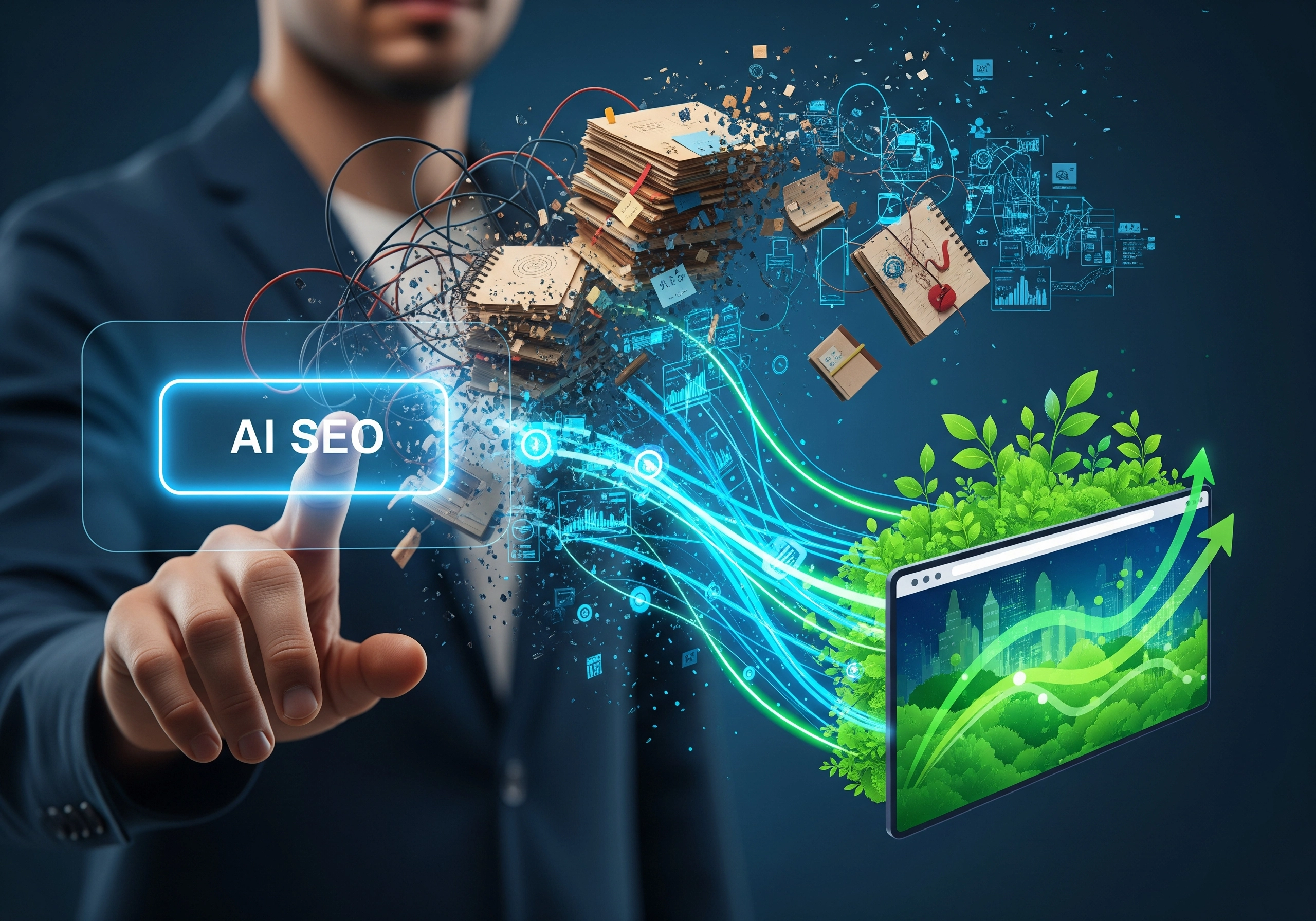 Hand pointing to 'AI SEO' button, with graphics of data and website growth.
