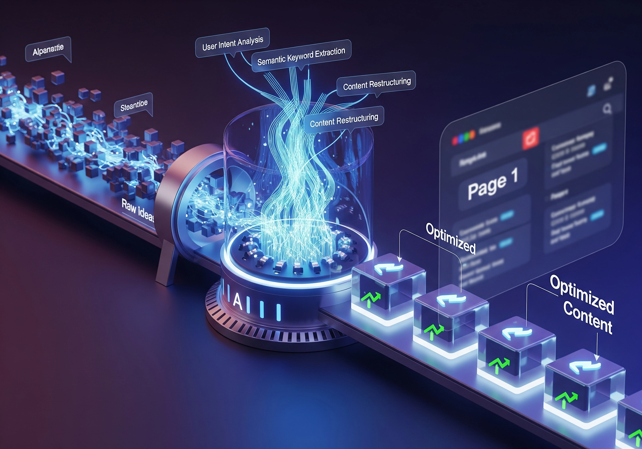 AI SEO content generator process diagram: Raw ideas to optimized content.