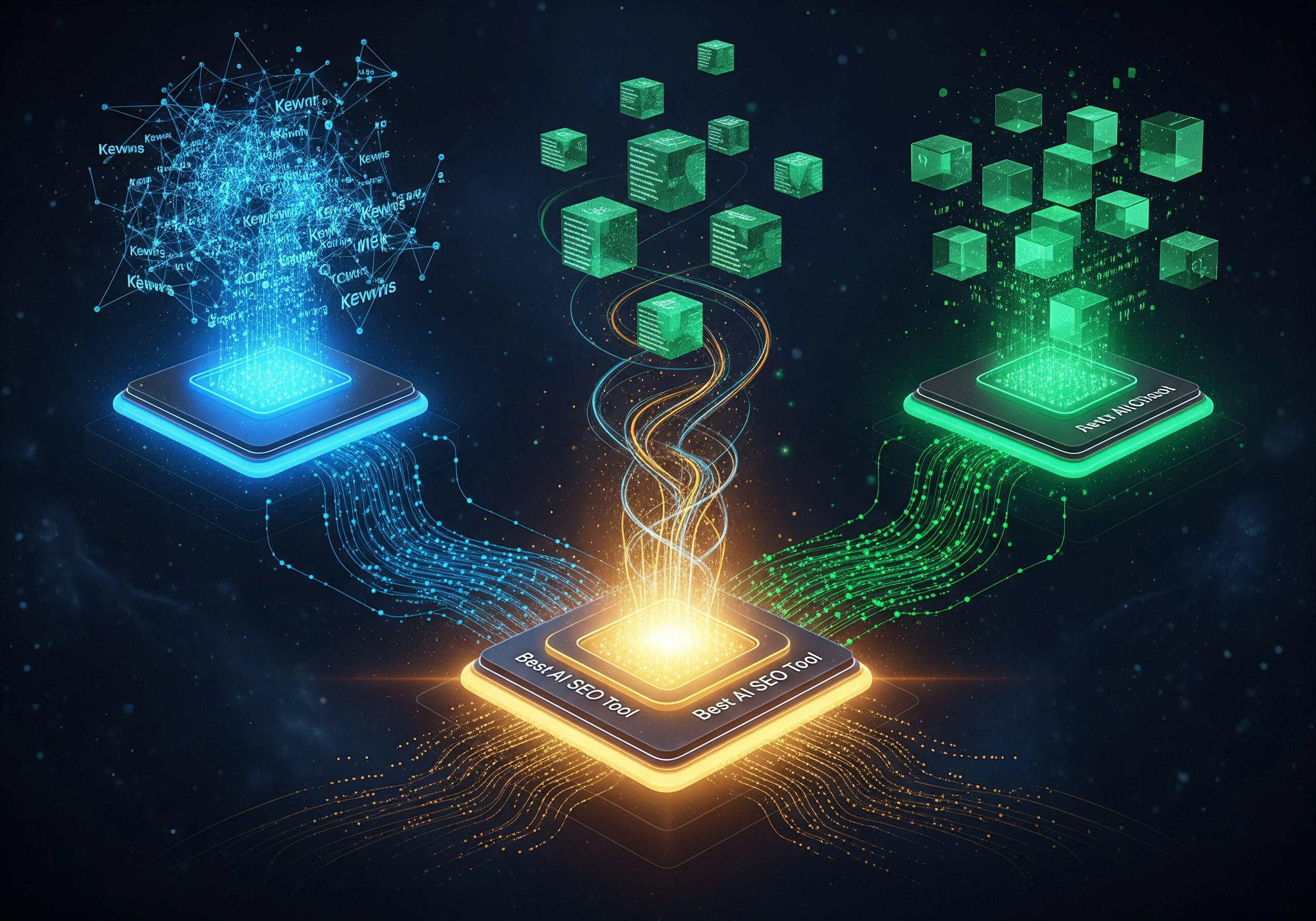 Abstract image showing AI SEO tool concept with keywords, data blocks, and neural network connections.