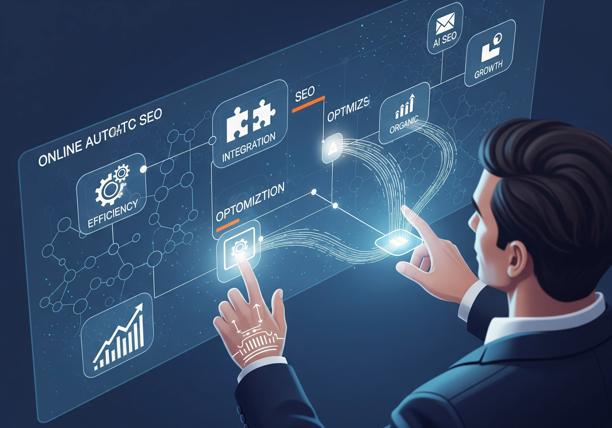 Man interacting with an online AI SEO tool interface with efficiency and optimization icons.