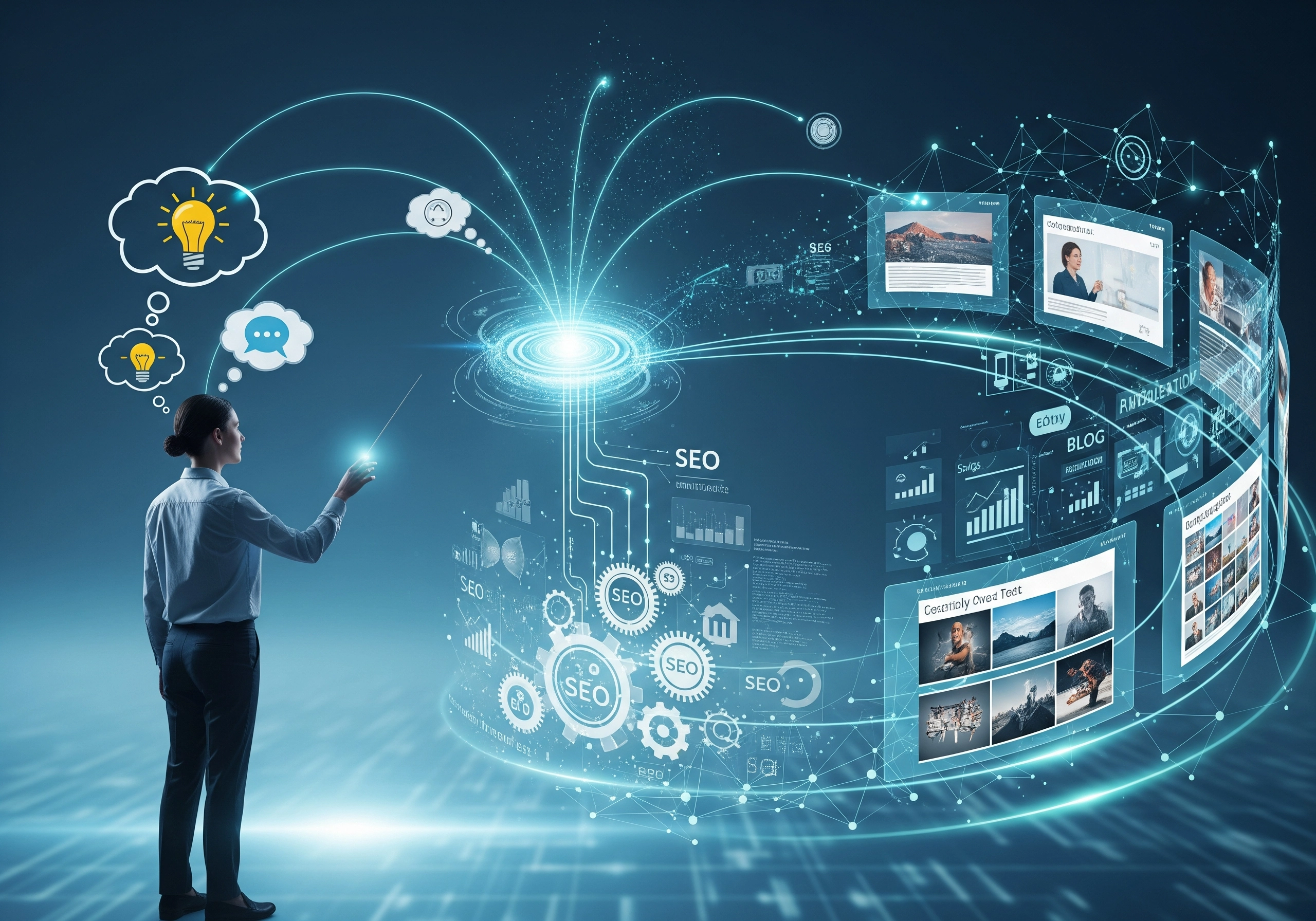 Woman using AI SEO tool interface to analyze blog content and SEO data.