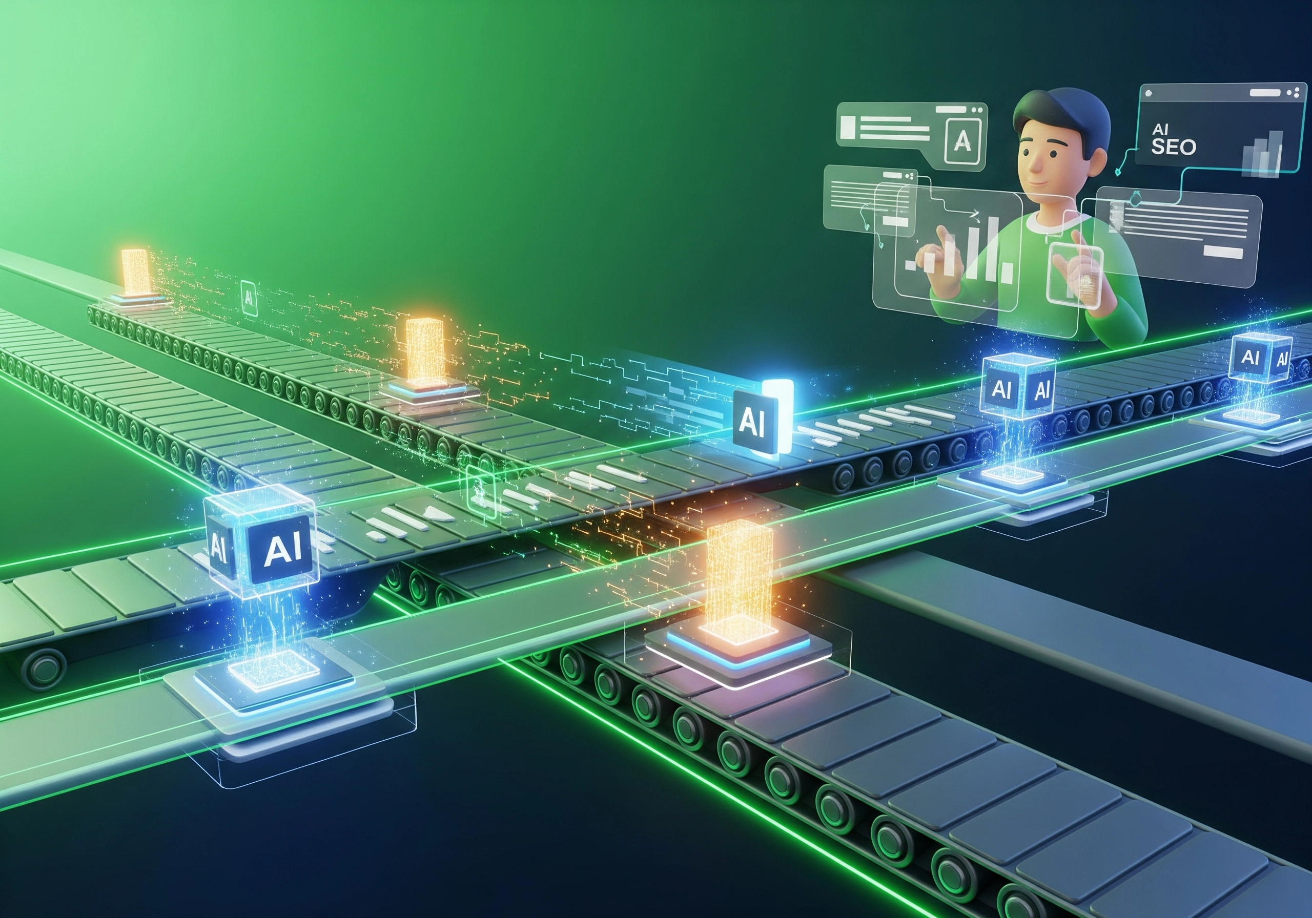 AI SEO blog generator concept with conveyor belts and data processing.