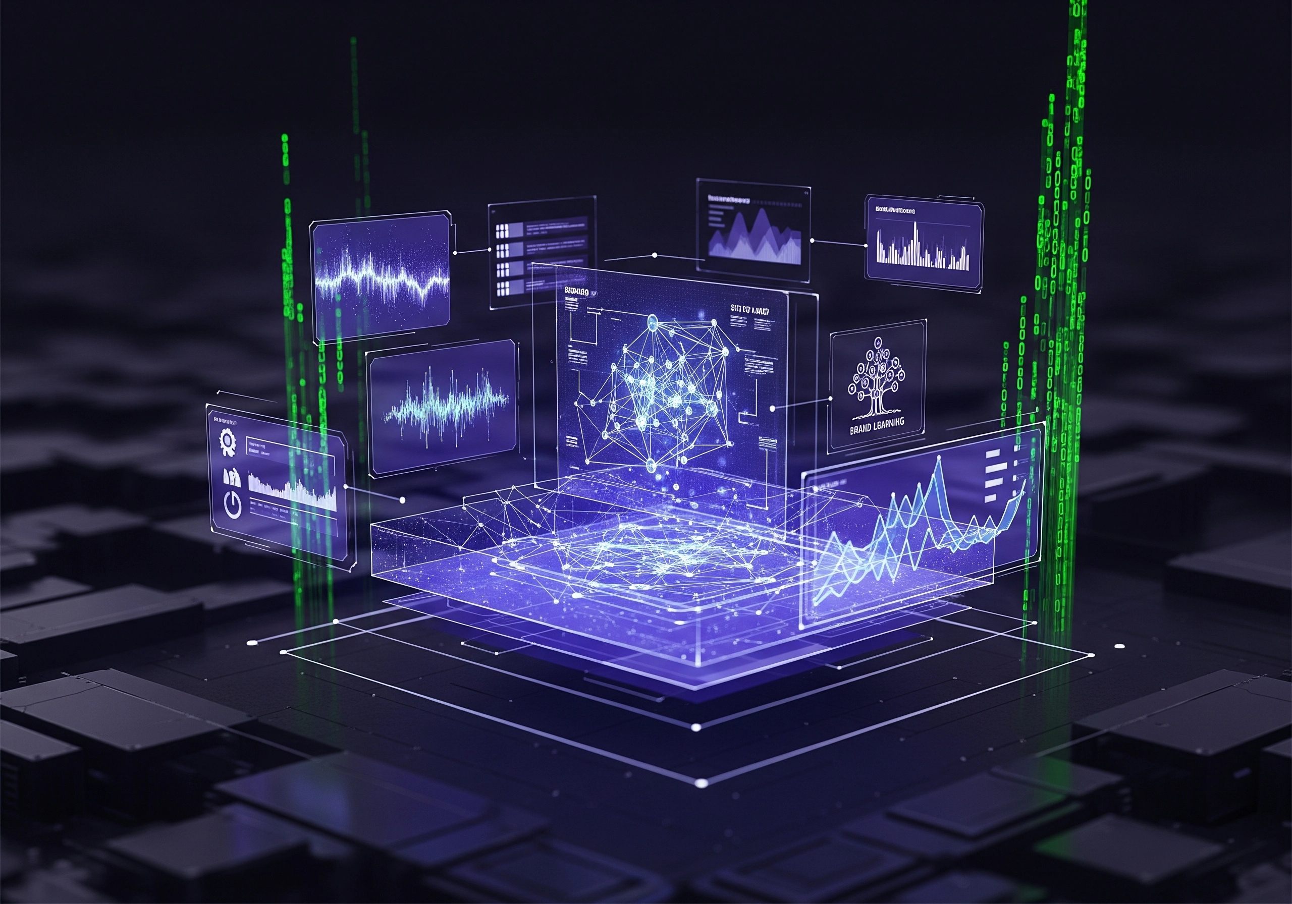 AI SEO tool interface with data visualizations, charts, and a network diagram.