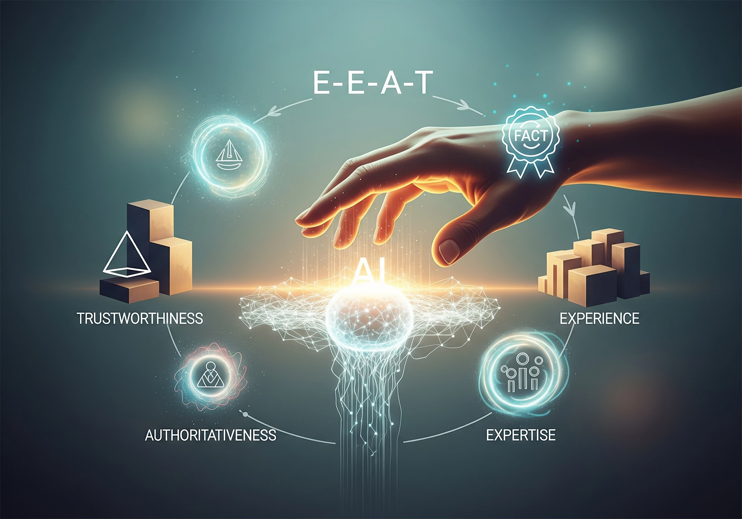 Hand reaching for 'AI' surrounded by 'E-E-A-T' principles: Expertise, Experience, Authoritativeness, Trustworthiness.
