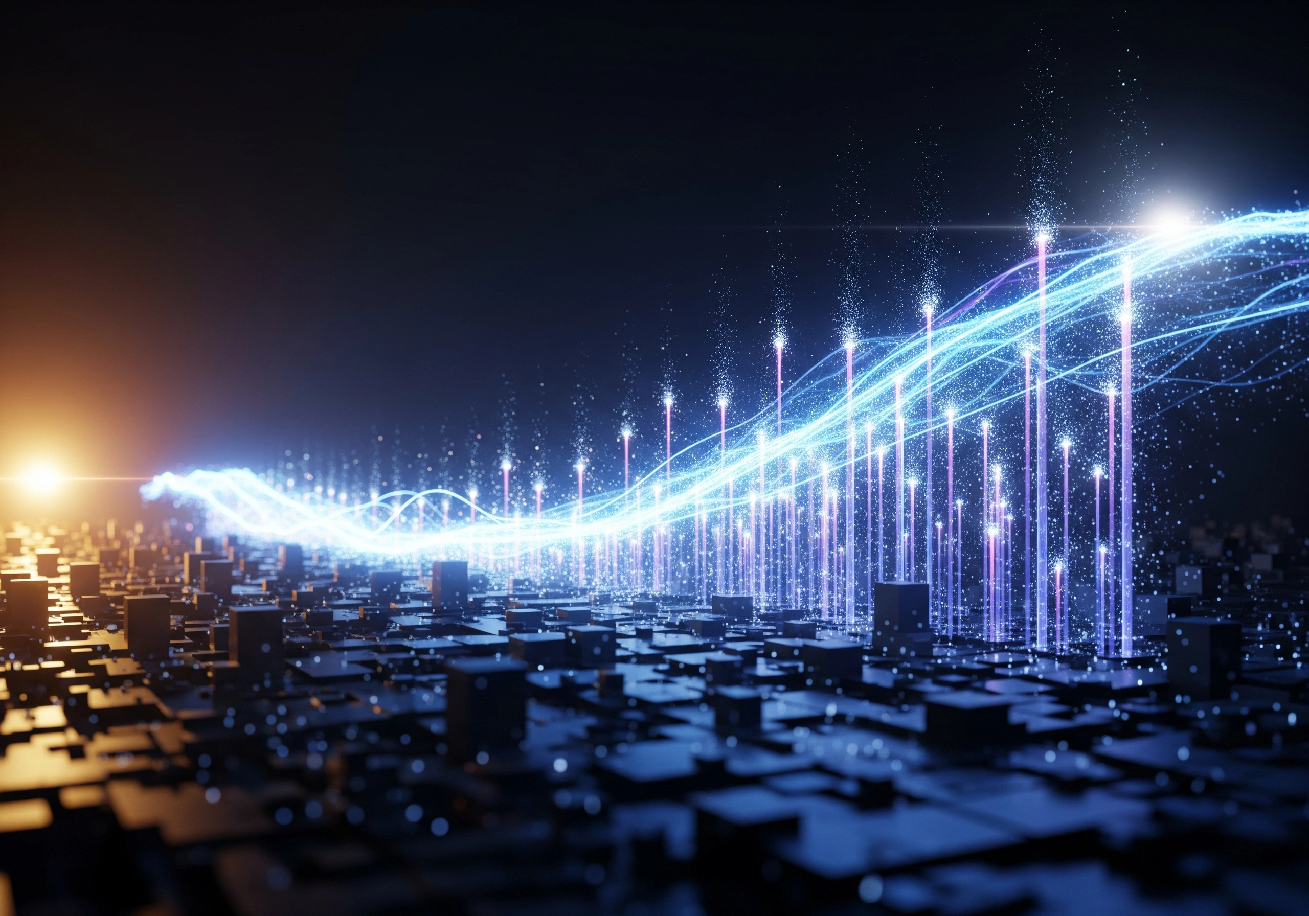 Abstract digital landscape with glowing light trails and data columns.