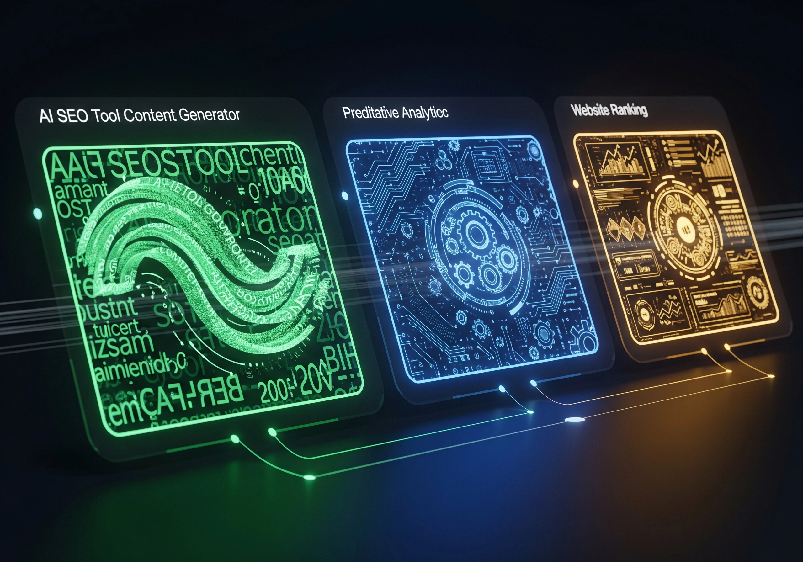 AI SEO tool content generator, predictive analytics, and website ranking dashboards.