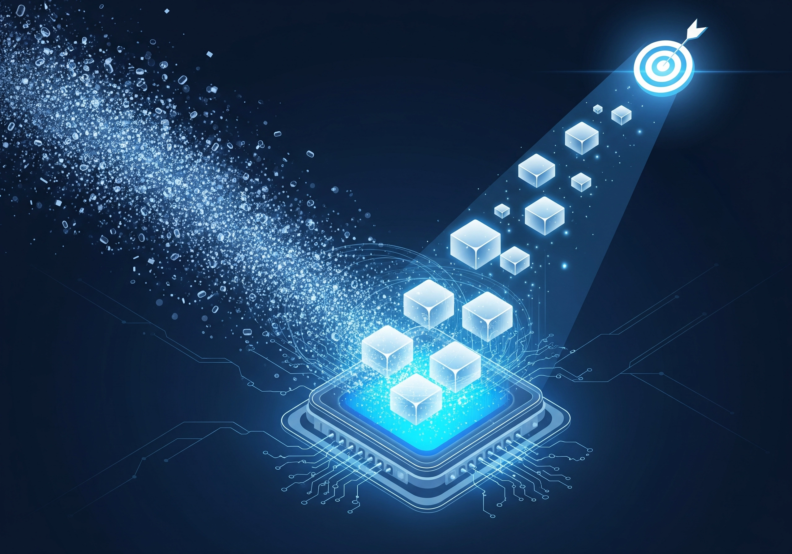 Blue digital illustration of data flowing from chip to target, representing AI SEO tools.