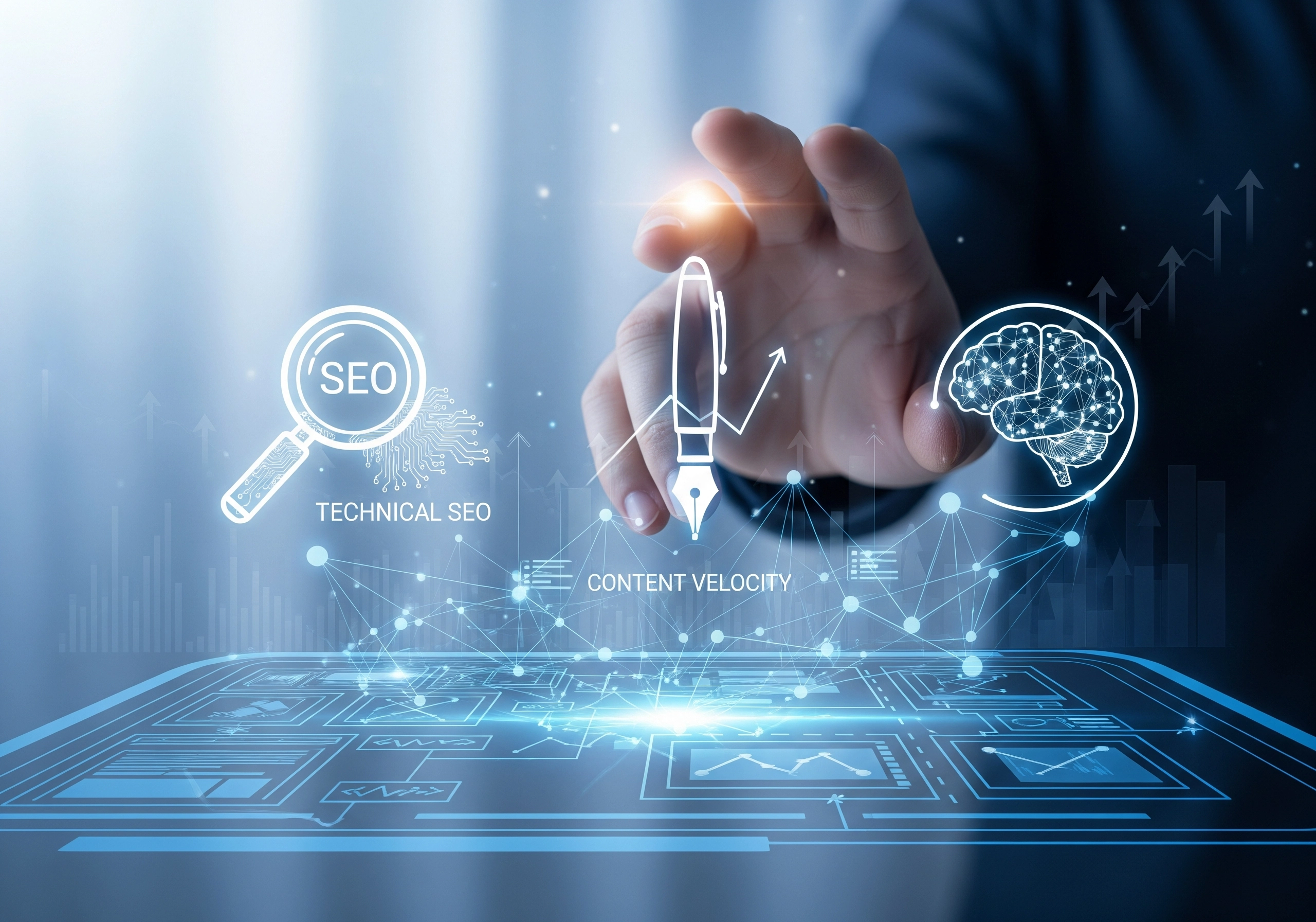 Hand touching SEO icons, magnifying glass, brain, and pen. AI SEO concept.