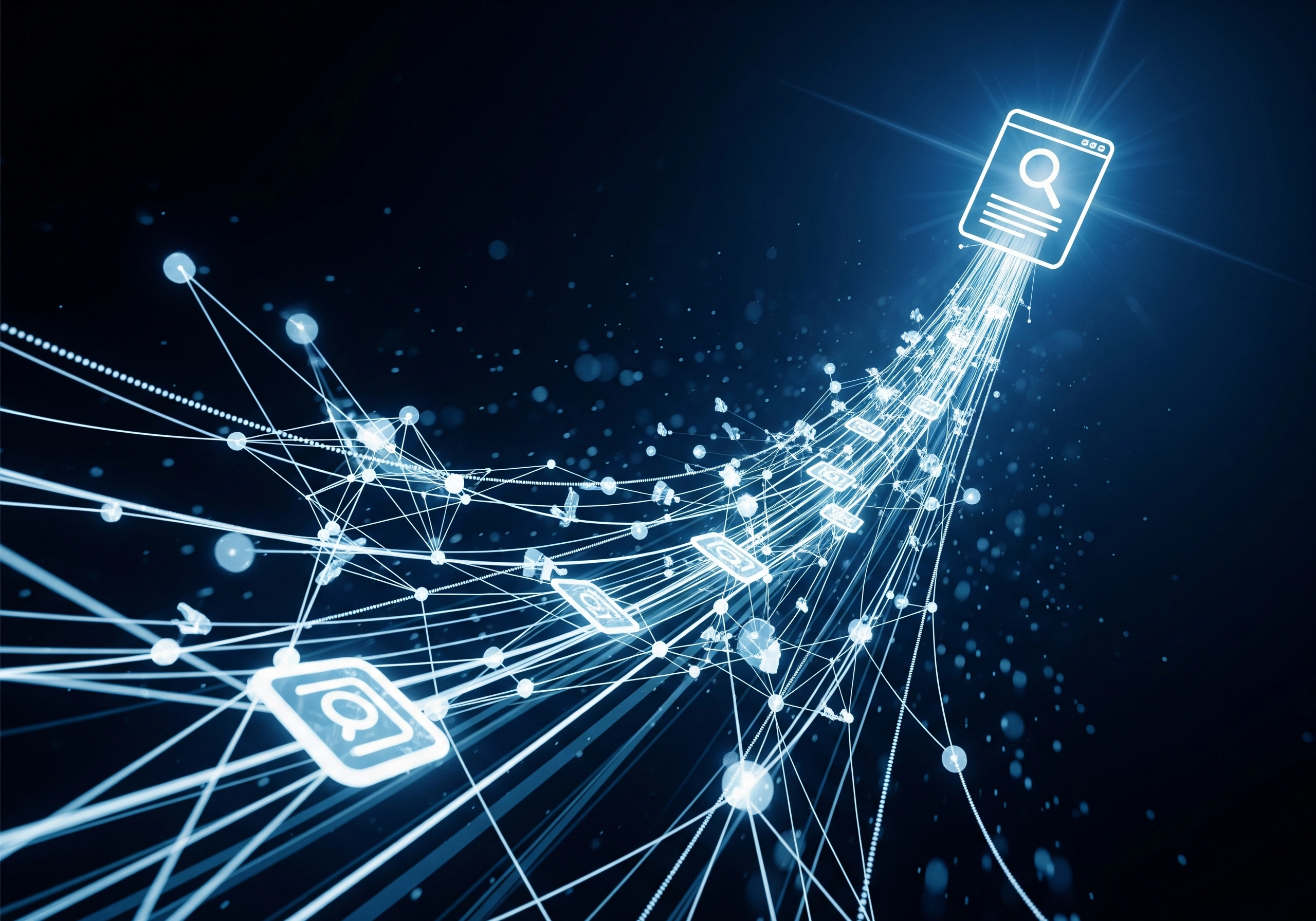Network of connected search icons, representing online AI SEO tool connections.