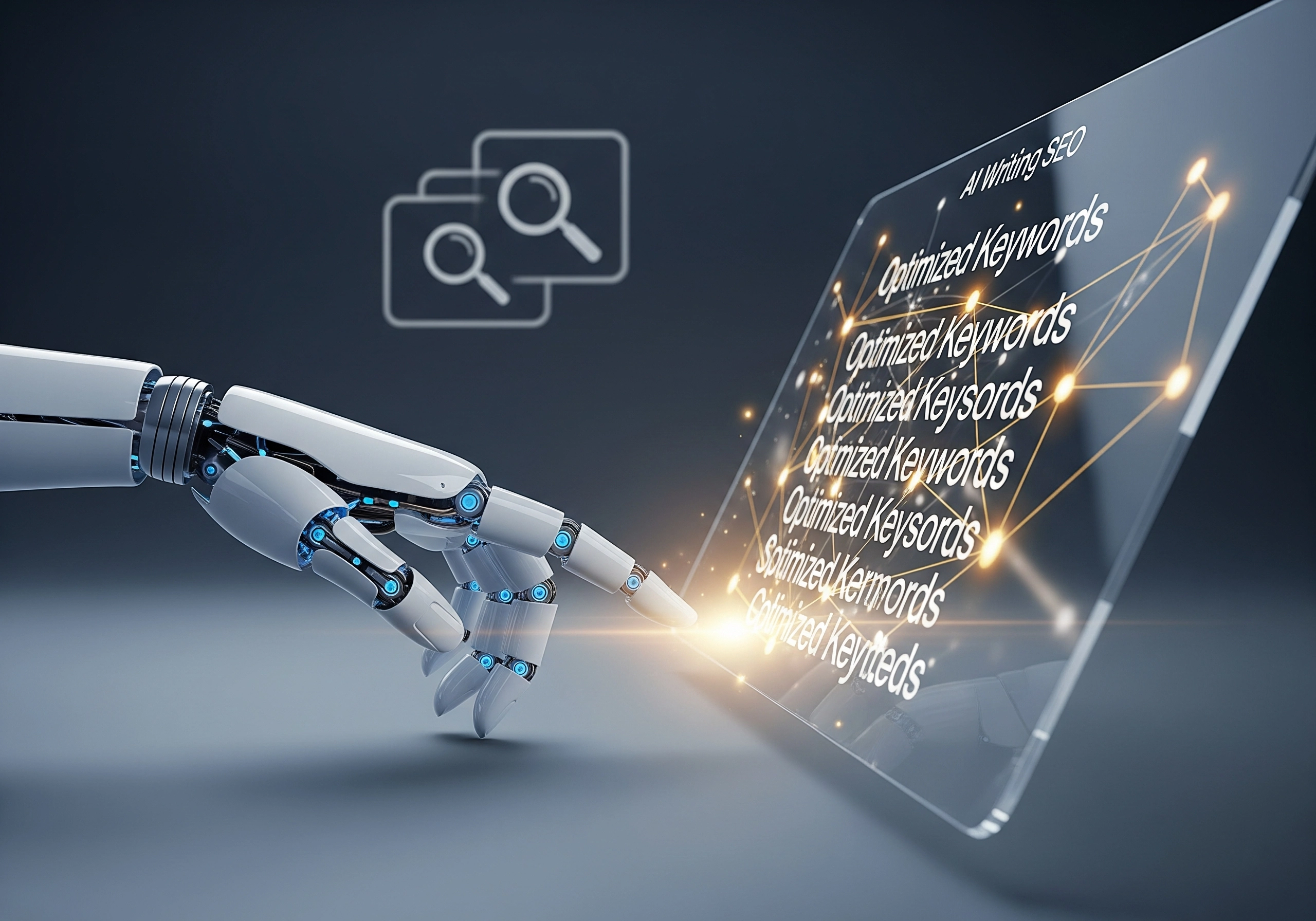 Robot hand interacting with an AI SEO tool content generator displaying optimized keywords.