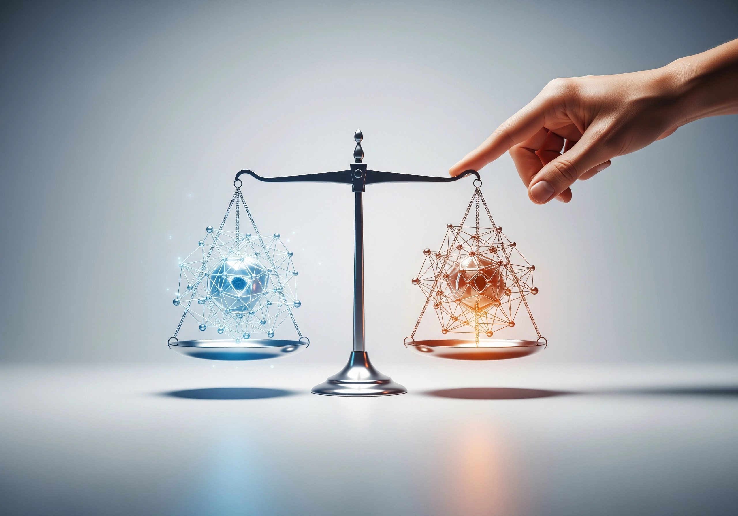Hand balancing scales with interconnected spheres, symbolizing AI SEO and automated SEO balance.