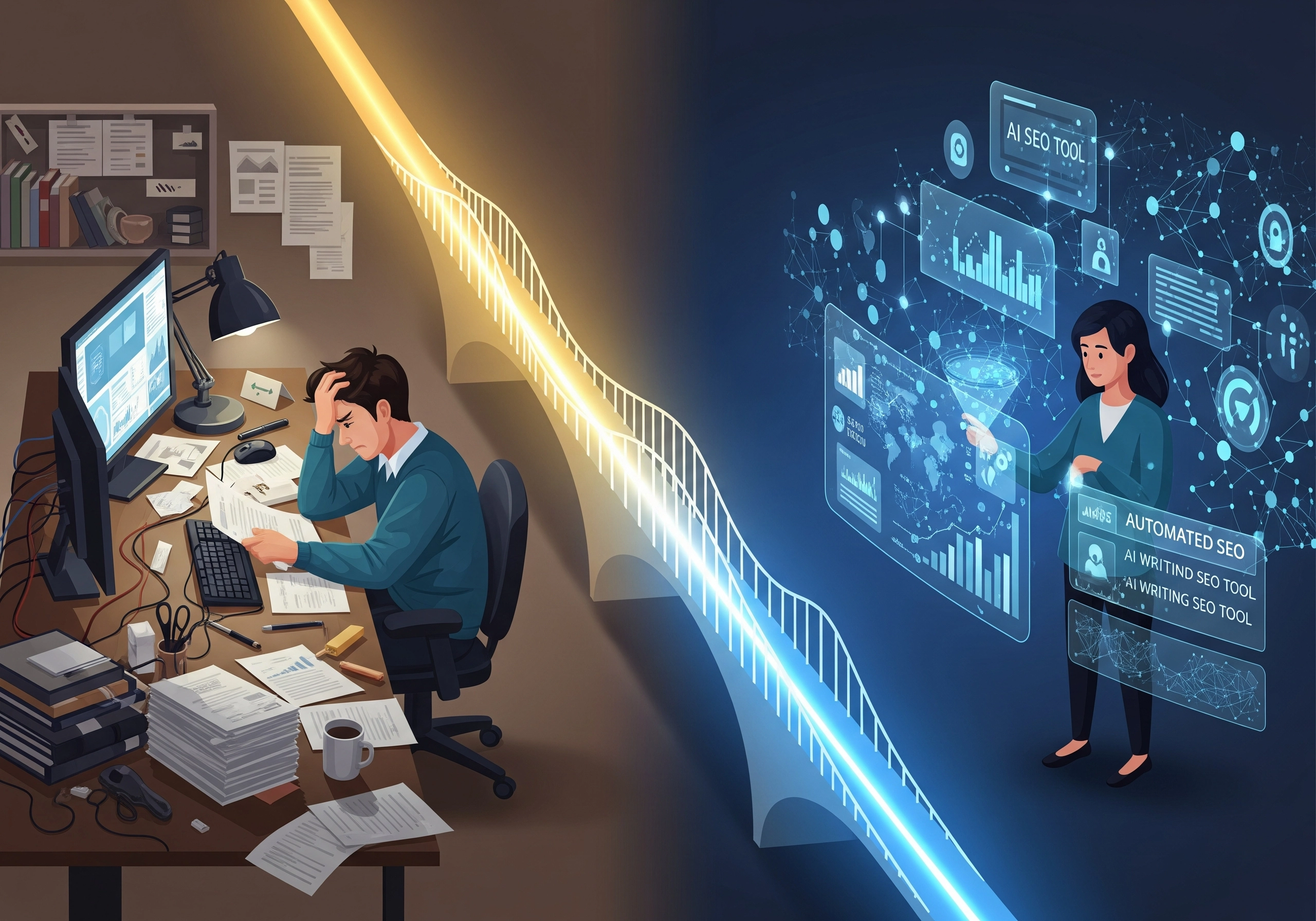 Illustration comparing manual SEO work with automated SEO using an AI SEO tool.