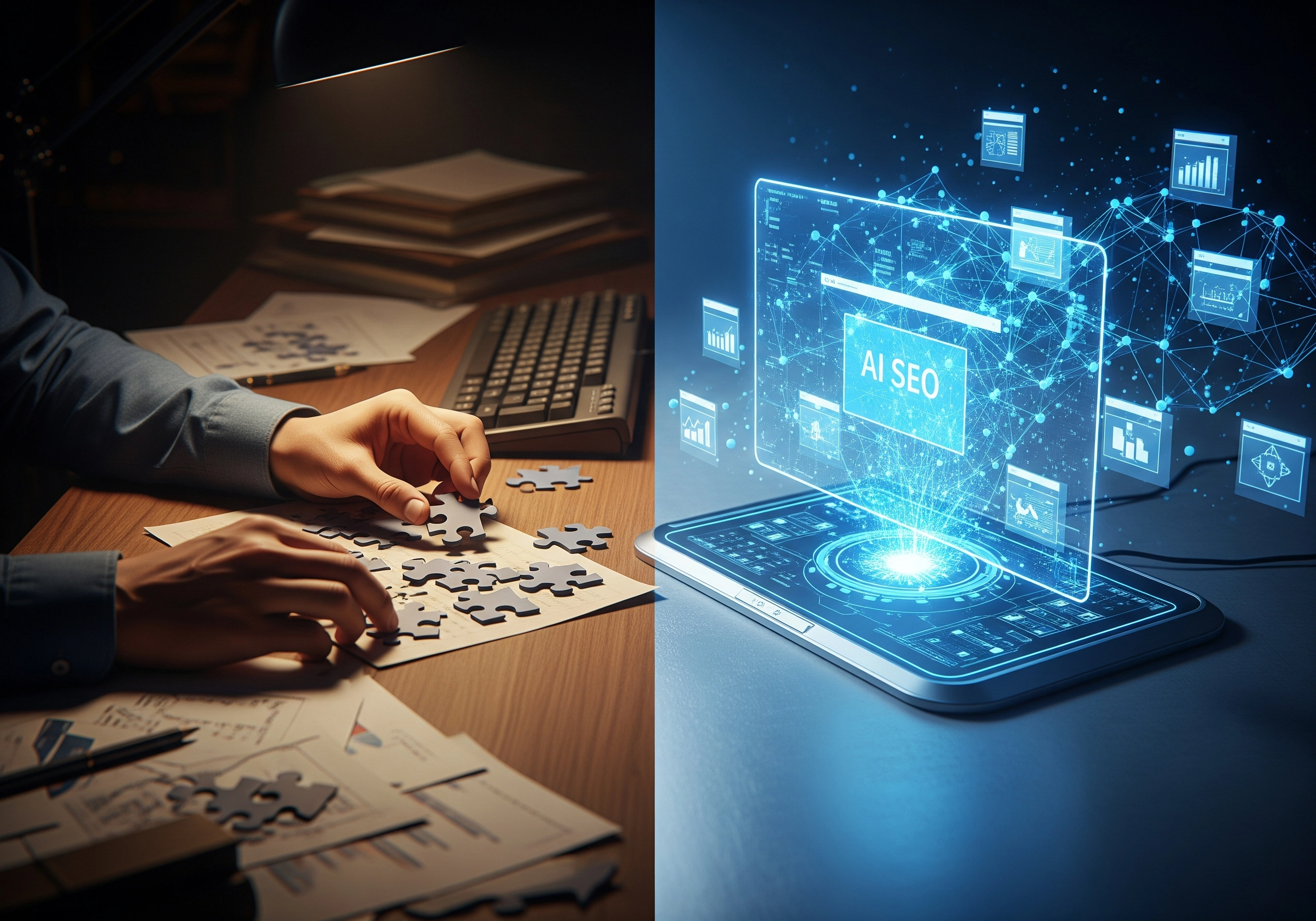 AI SEO tool concept showing puzzle pieces and an 'AI SEO' interface.