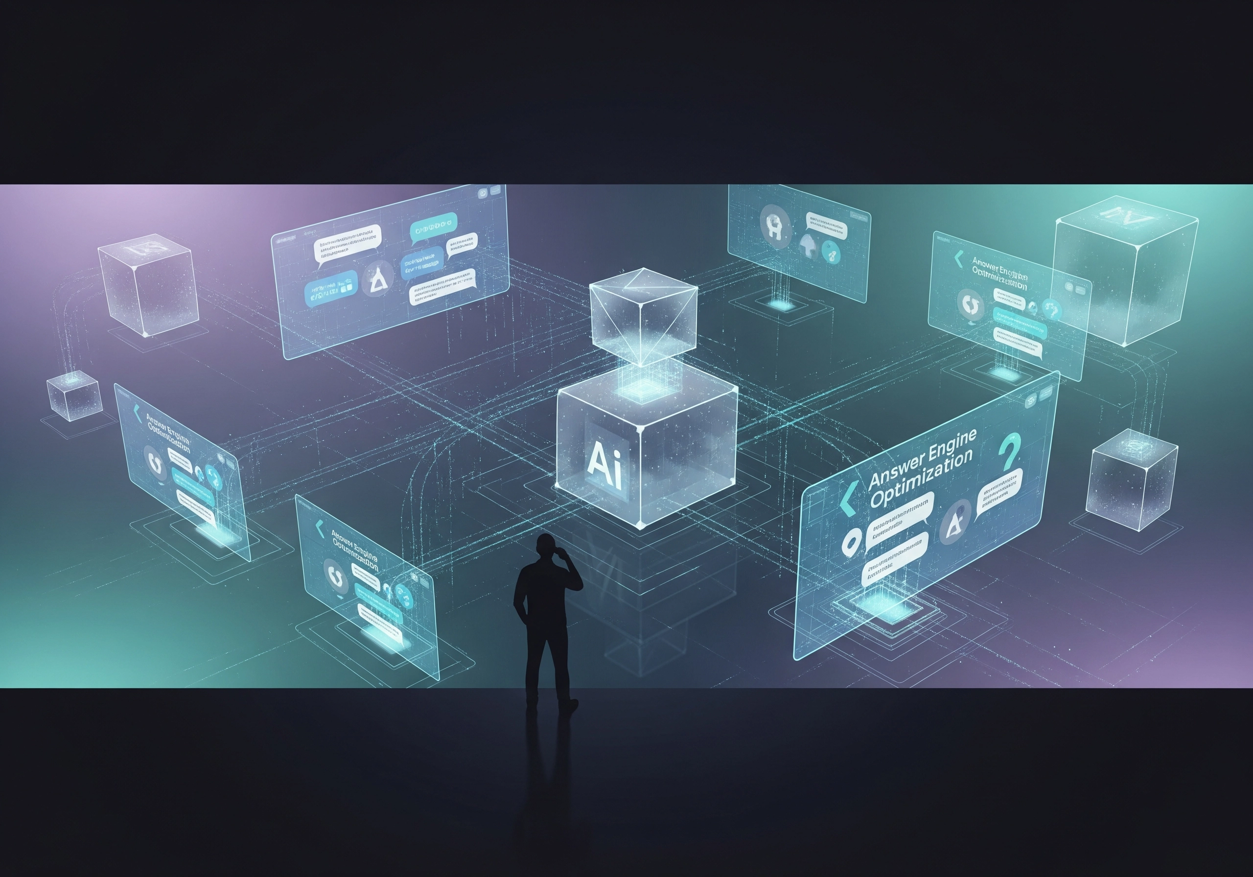 Silhouette of man with AI SEO content generator interface and cubes.