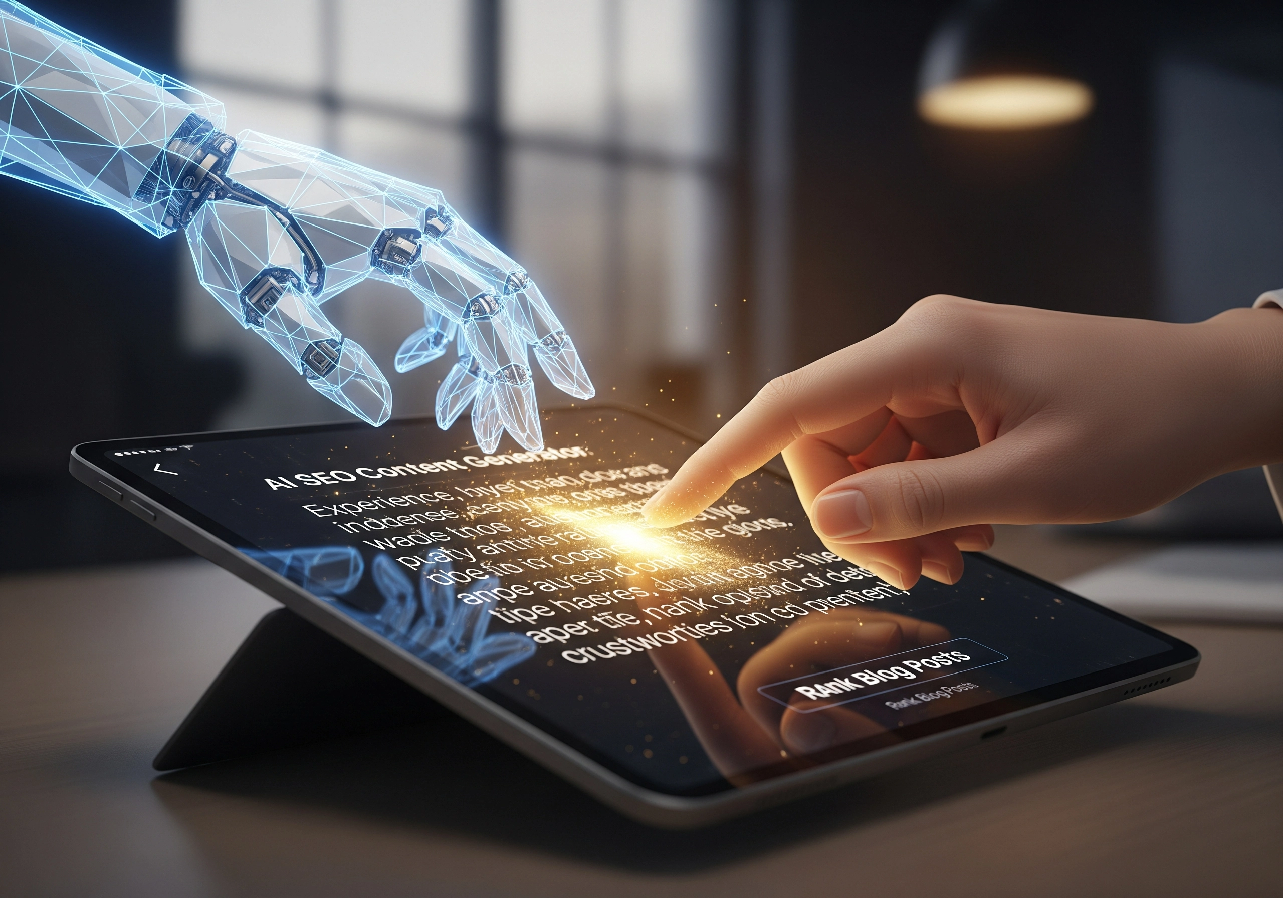 AI hand hovers over tablet displaying 'AI SEO Content Generator', finger touches screen.