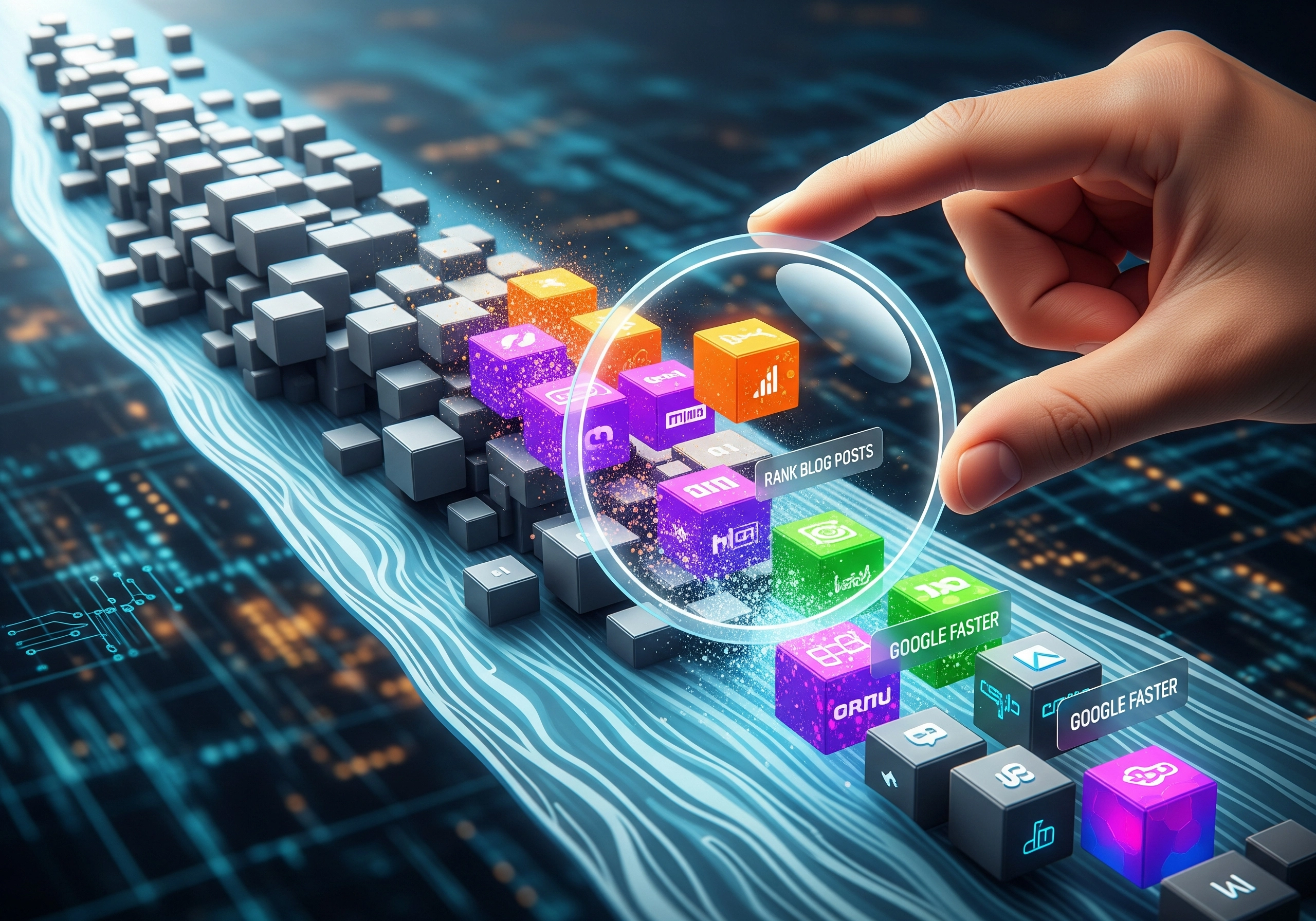 Hand selecting 'Rank Blog Posts' from colorful data stream; Google Faster SEO concept.