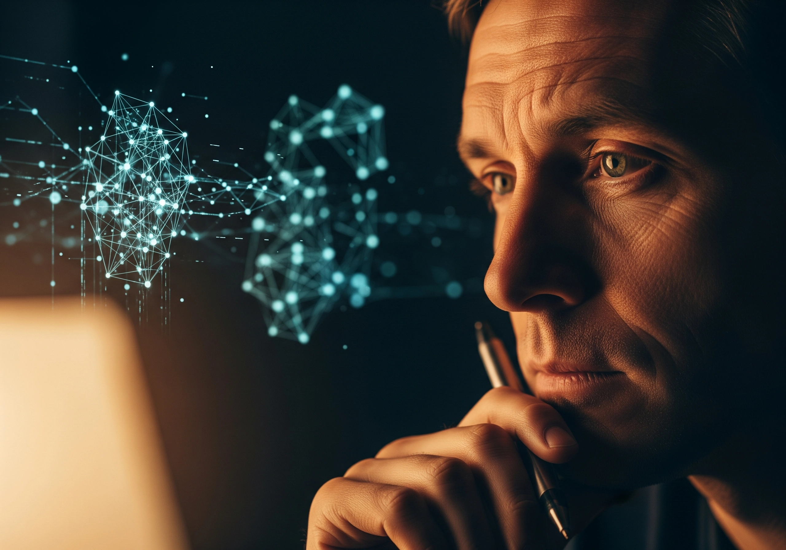 Contemplative man looking at a screen with abstract AI connection graphics.