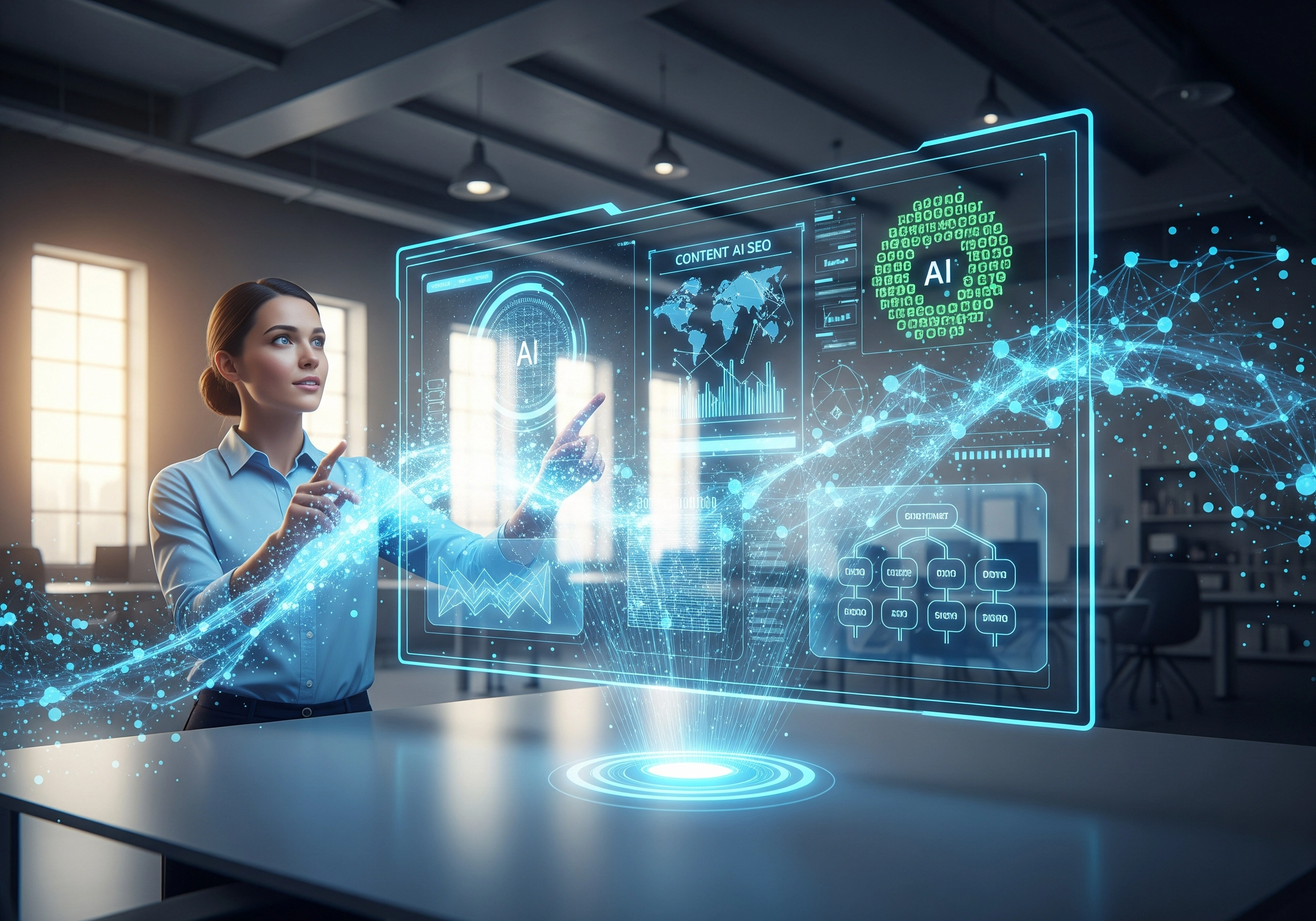 Woman presenting an AI SEO content generator with graphs and data.
