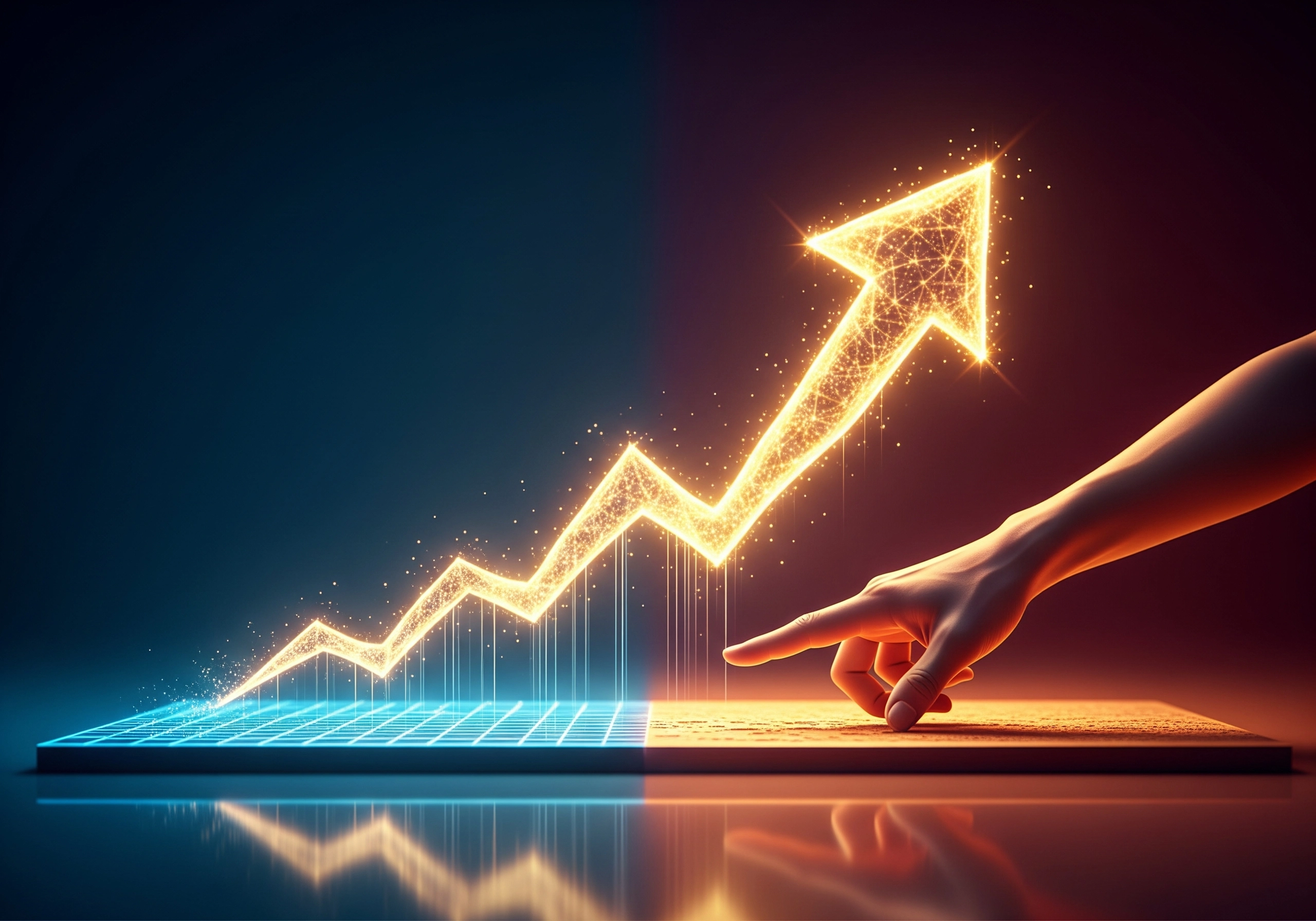 Glowing upward arrow, representing increased traffic and sales with AI content generator.